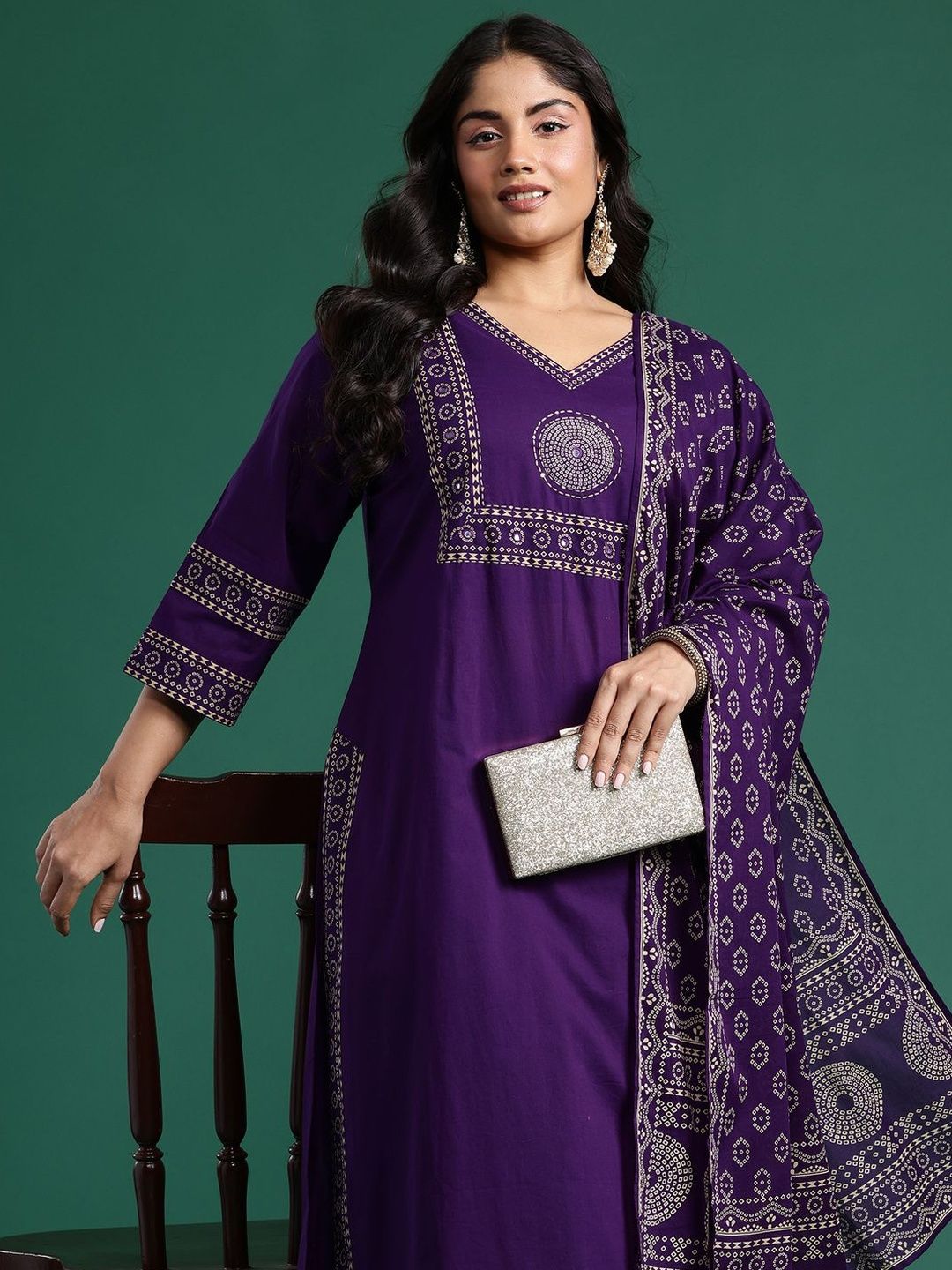 Dhiyona Women's Ethnic Motifs Printed Regular Mirror Work Pure Cotton Kurta with Trousers & With Dupatta