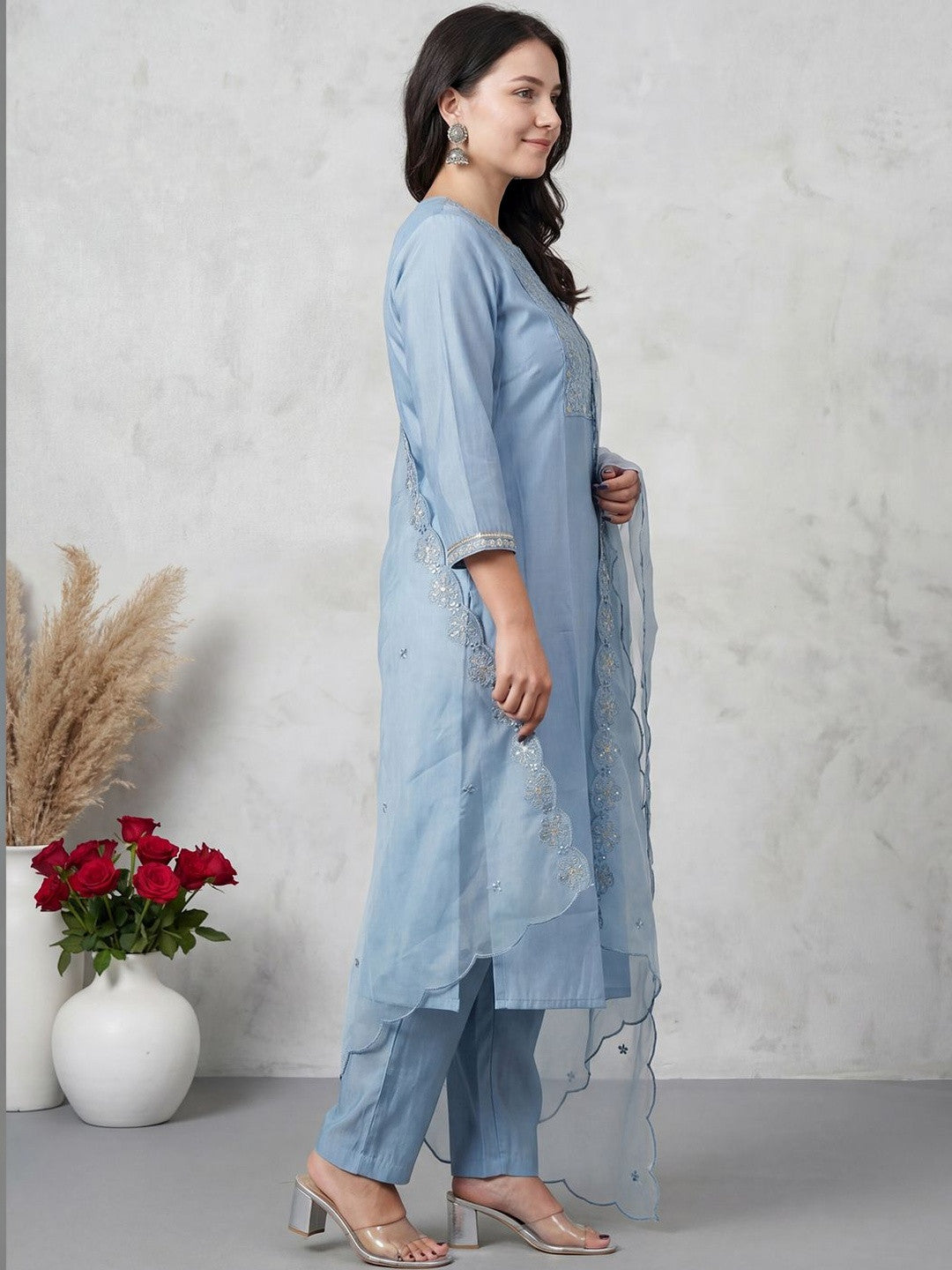 Women Ethnic Motifs Embroidered Regular Sequinned Kurta with Trousers & With Dupatta