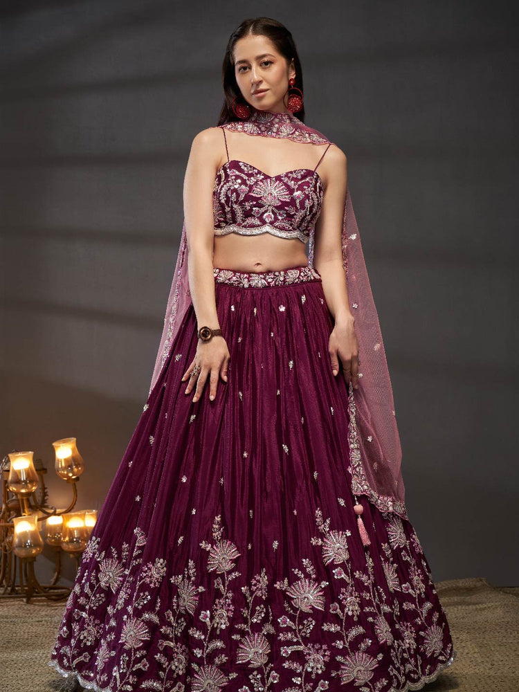 Women Burgundy Pure Chiffon Sequins embroidery Lehenga choli & Dupatta