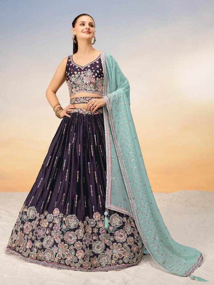 Women Green Satin Silk Sequins with heavy Sequins embroidery Lehenga choli & Dupatta