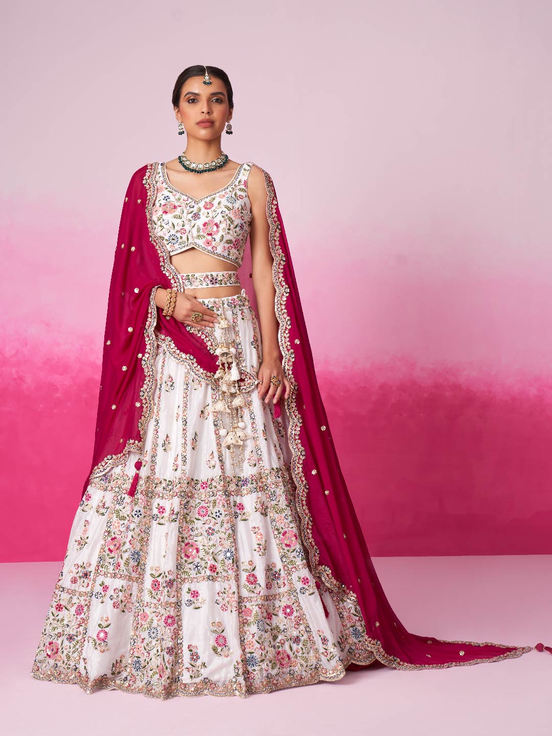 Women Cream Georgette Moti, Sequins embroidery Bridel Lehenga choli & Dupatta
