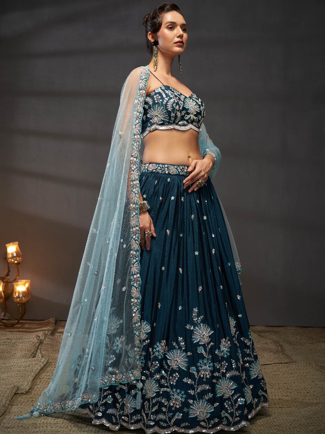 Women Teal Pure Chiffon Sequins embroidery Lehenga choli & Dupatta