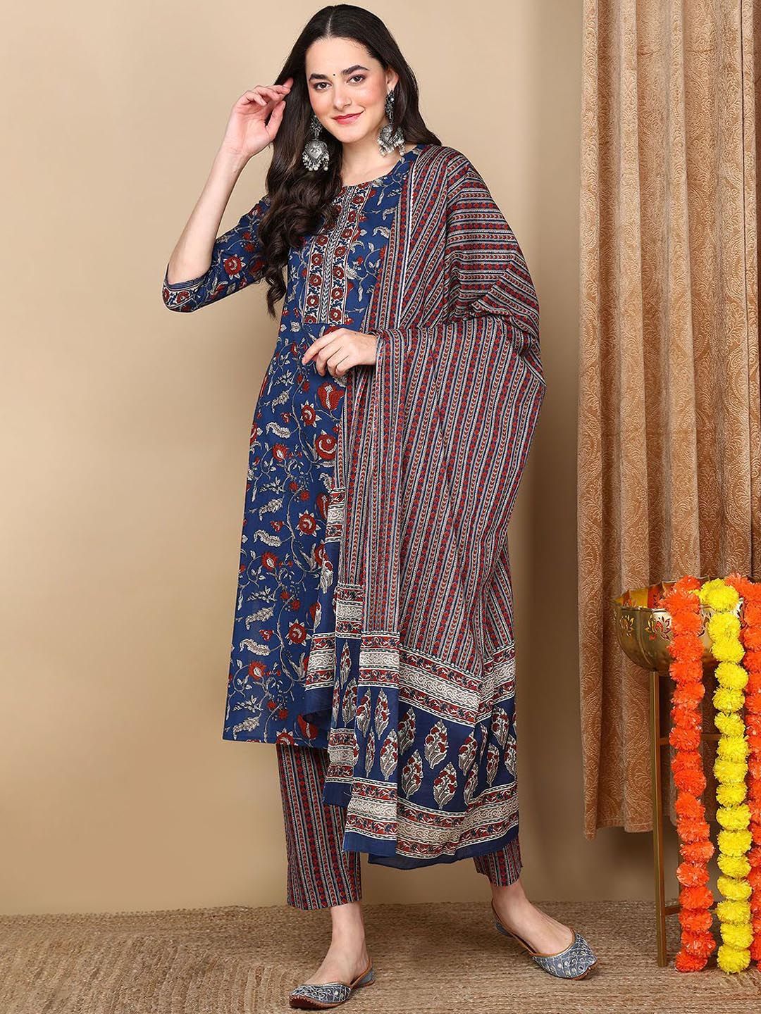 Dhiyona KL Floral Printed Straight Kurta with Trousers & Dupatta