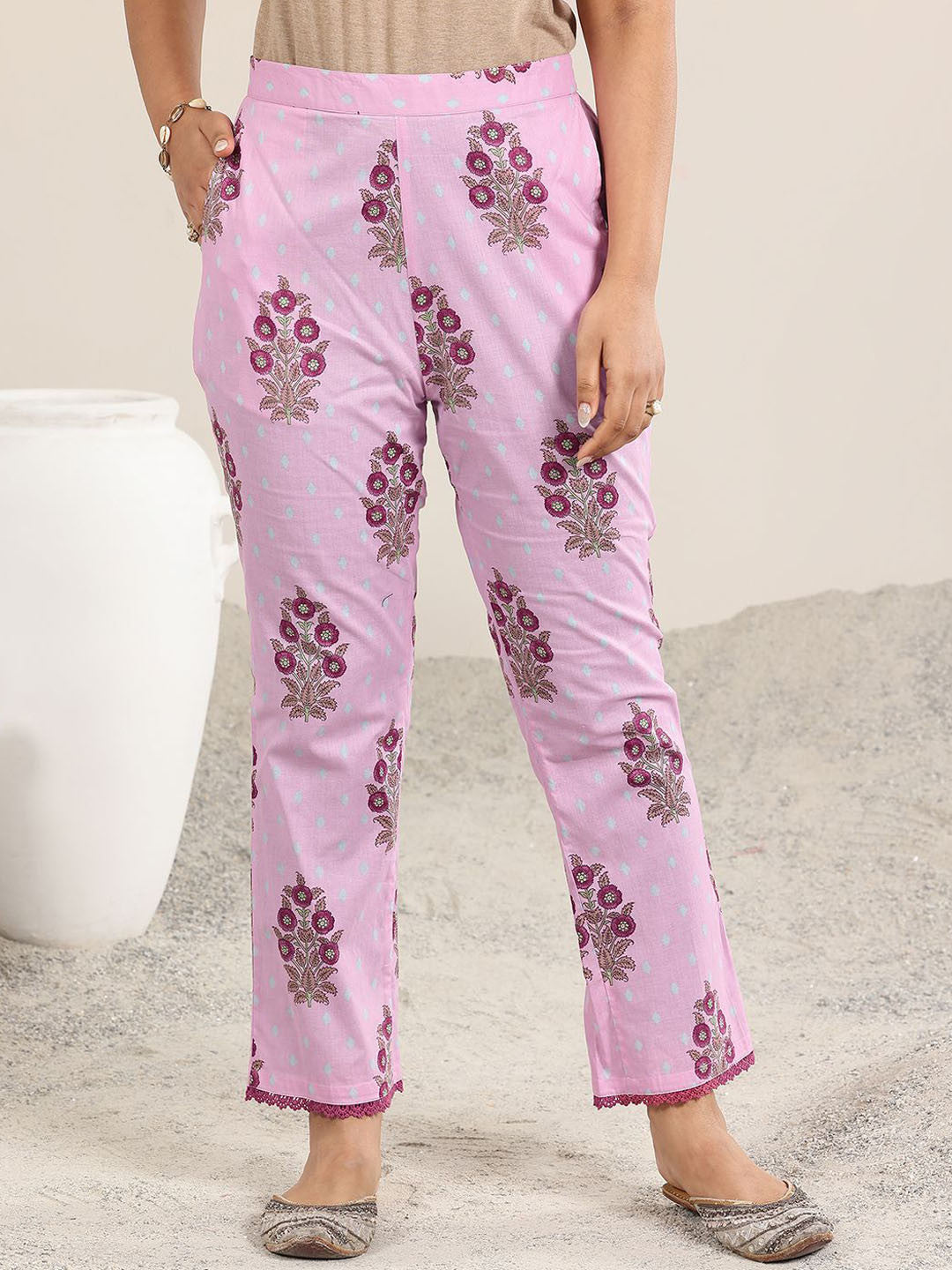 Floral Printed Thread Work Anarkali Kurta With Trousers & Dupatta