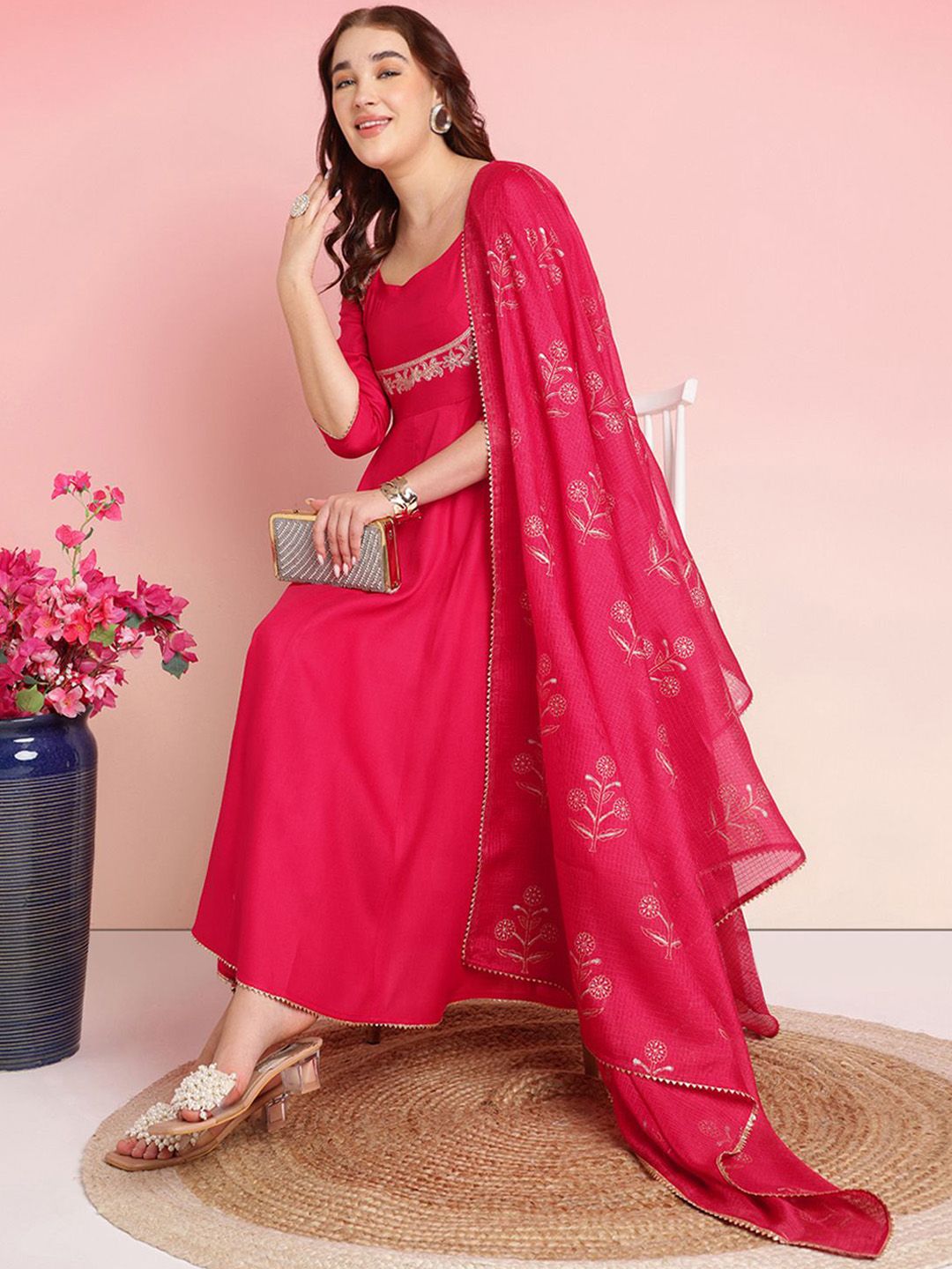 Dhiyona KL Floral Yoke Design Sequinned Anarkali Kurta With Trousers & Dupatta