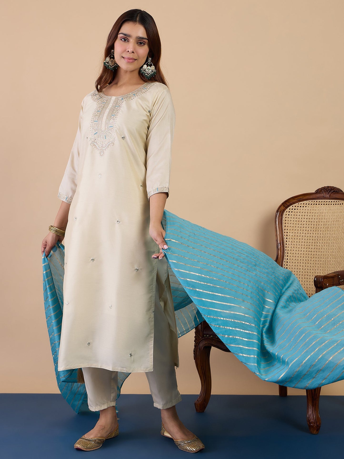 Dhiyona VV Cream Women's Designer Kurta Pant Set Premium Pattern Collection