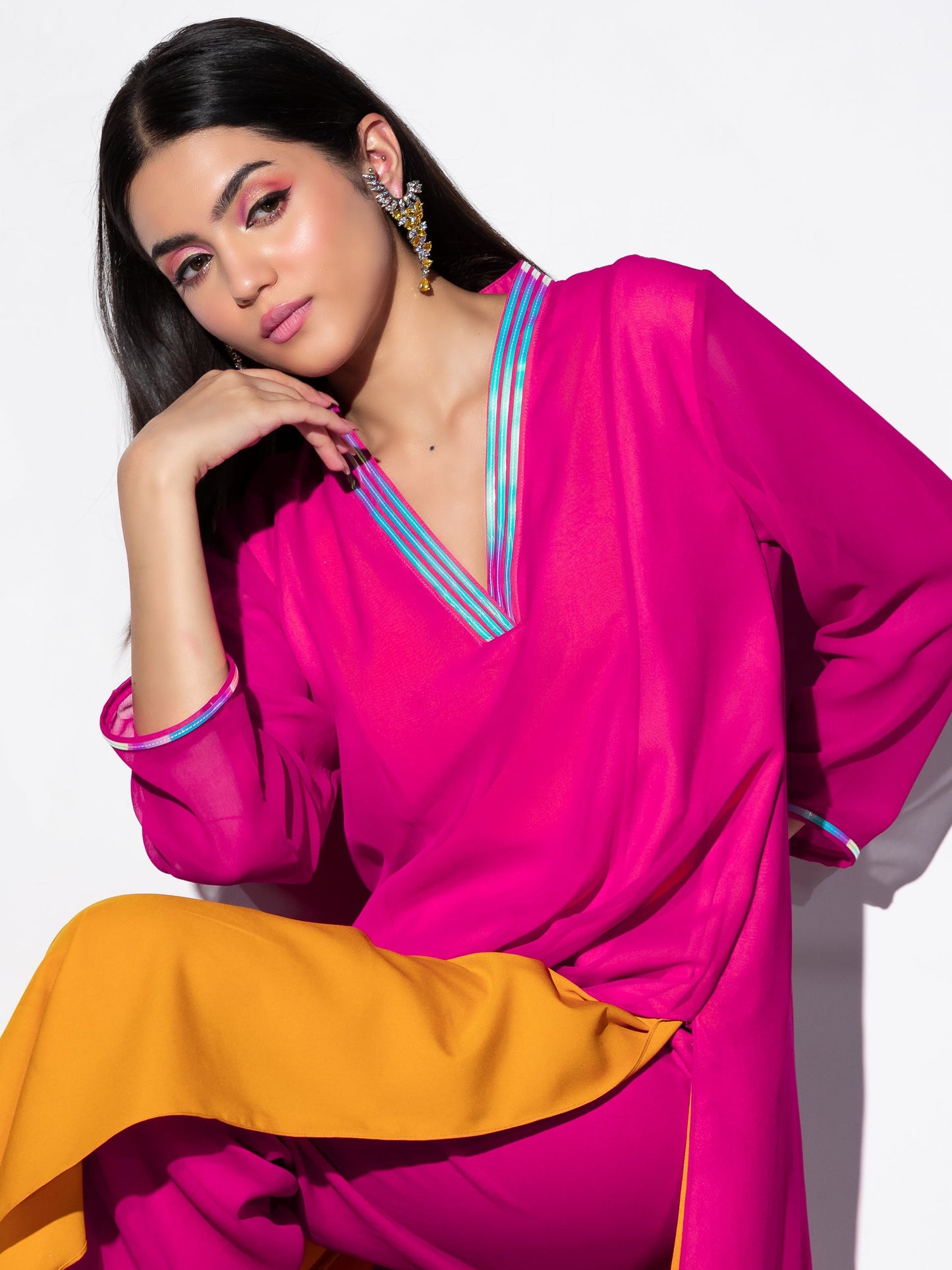 Dhiyona ST Women's Pink & Yellow Surprise Georgette Kurta Set with Contrast Inner Lining and Pants 2 Piece Set | A-Line, V Neck, Full Sleeves, Pants, Work wear, Festive Wear, (Georgette)
