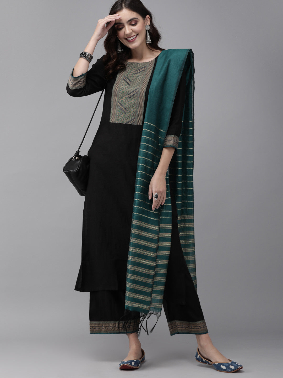 Women Black Yoke Design Kurta with Palazzos & Dupatta