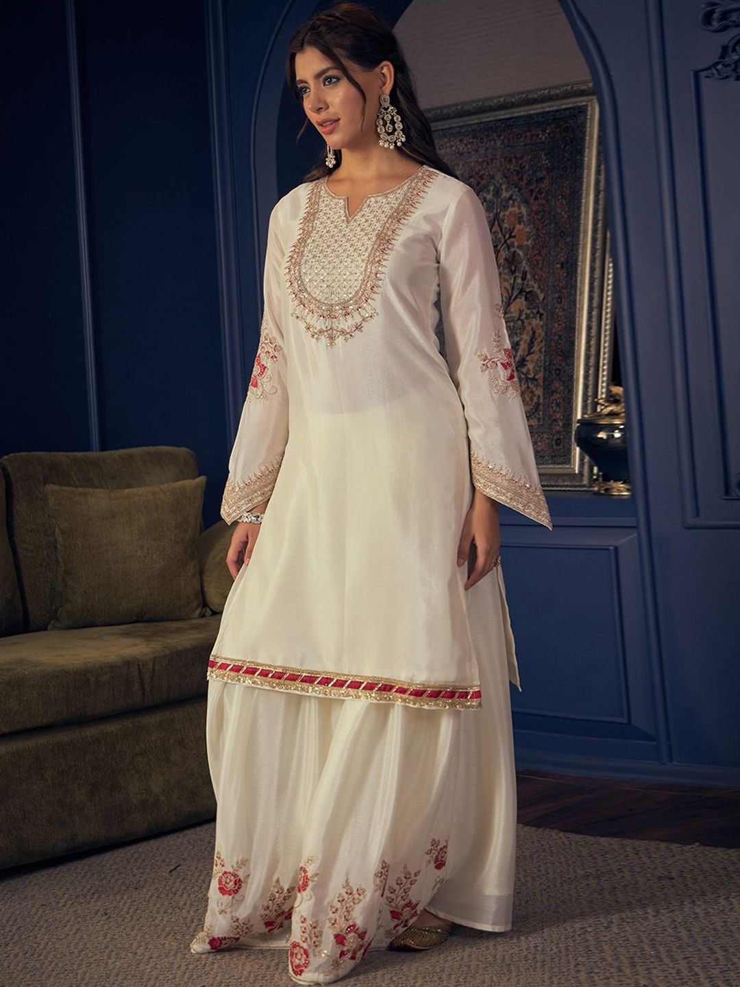 Dhiyona CH Women Ethnic Motifs Embroidered Regular Thread Work Kurta with Sharara
