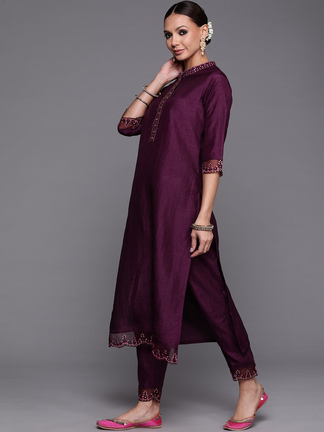 Women Purple Floral Yoke Design Sequinned Kurta with Trousers & With Dupatta