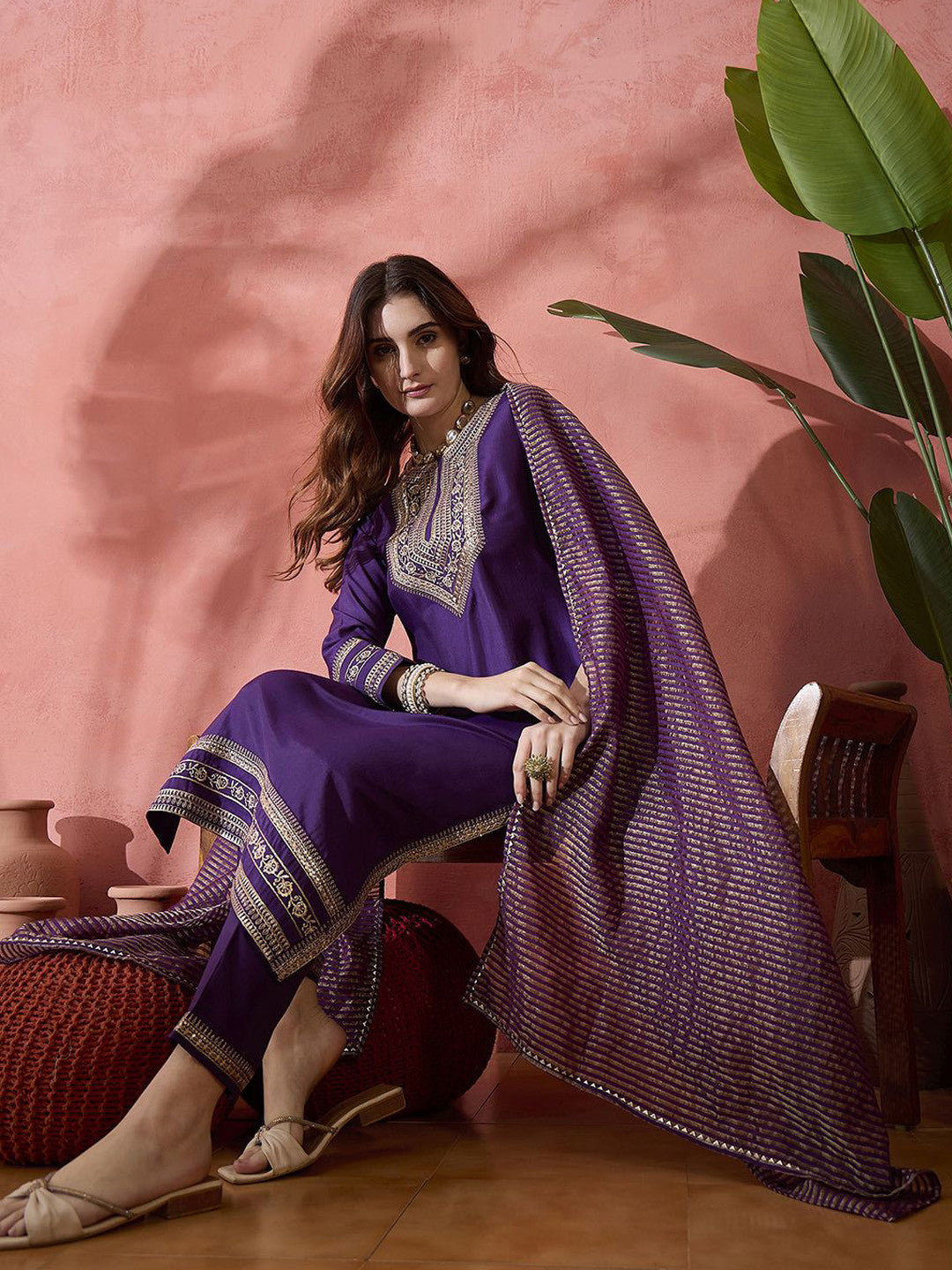 Purple Floral Embroidered Round Neck Straight Kurta With Trouser And Dupatta