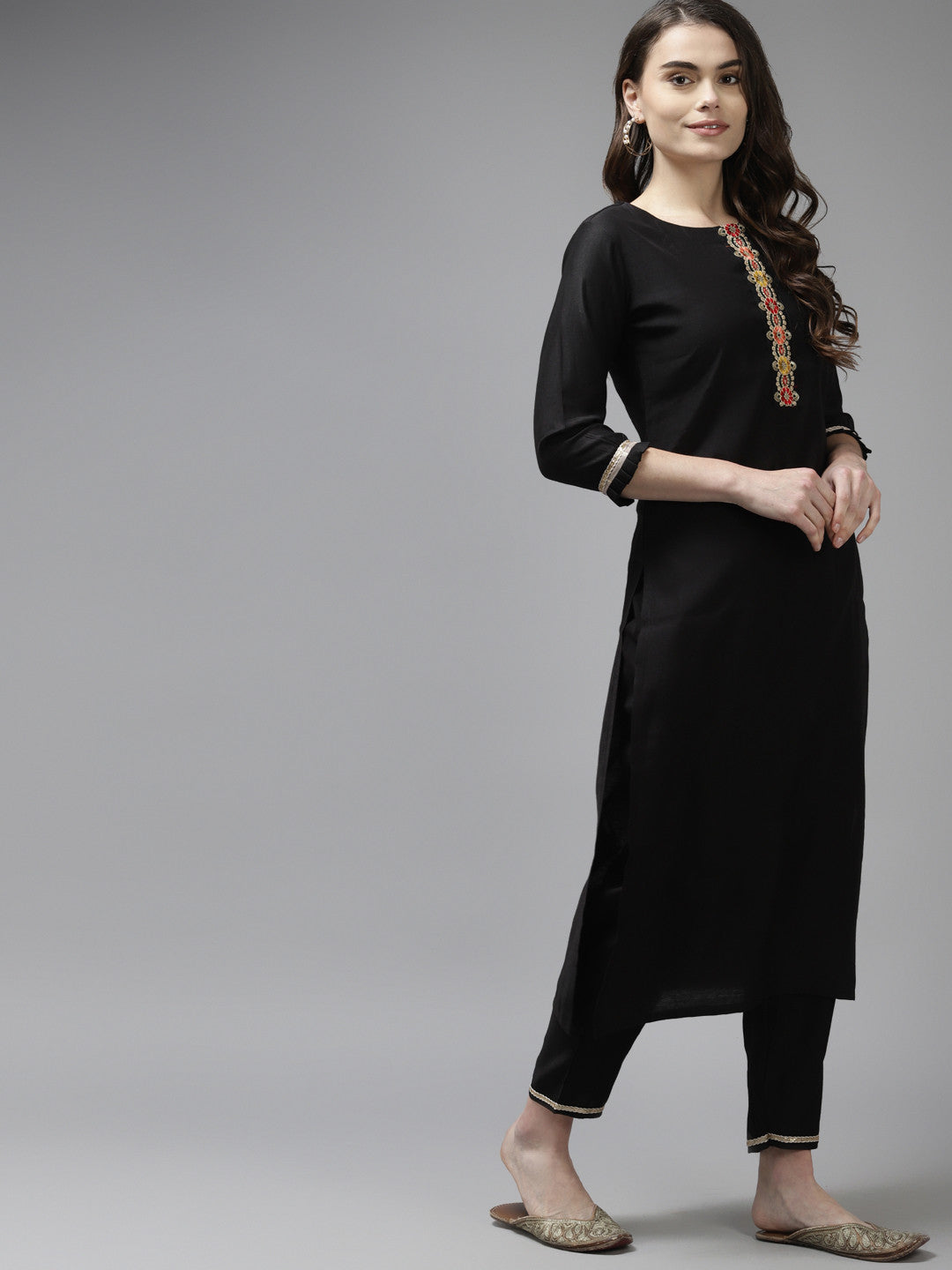 Women Black Liva Sequin Detail Kurta with Trousers & Dupatta