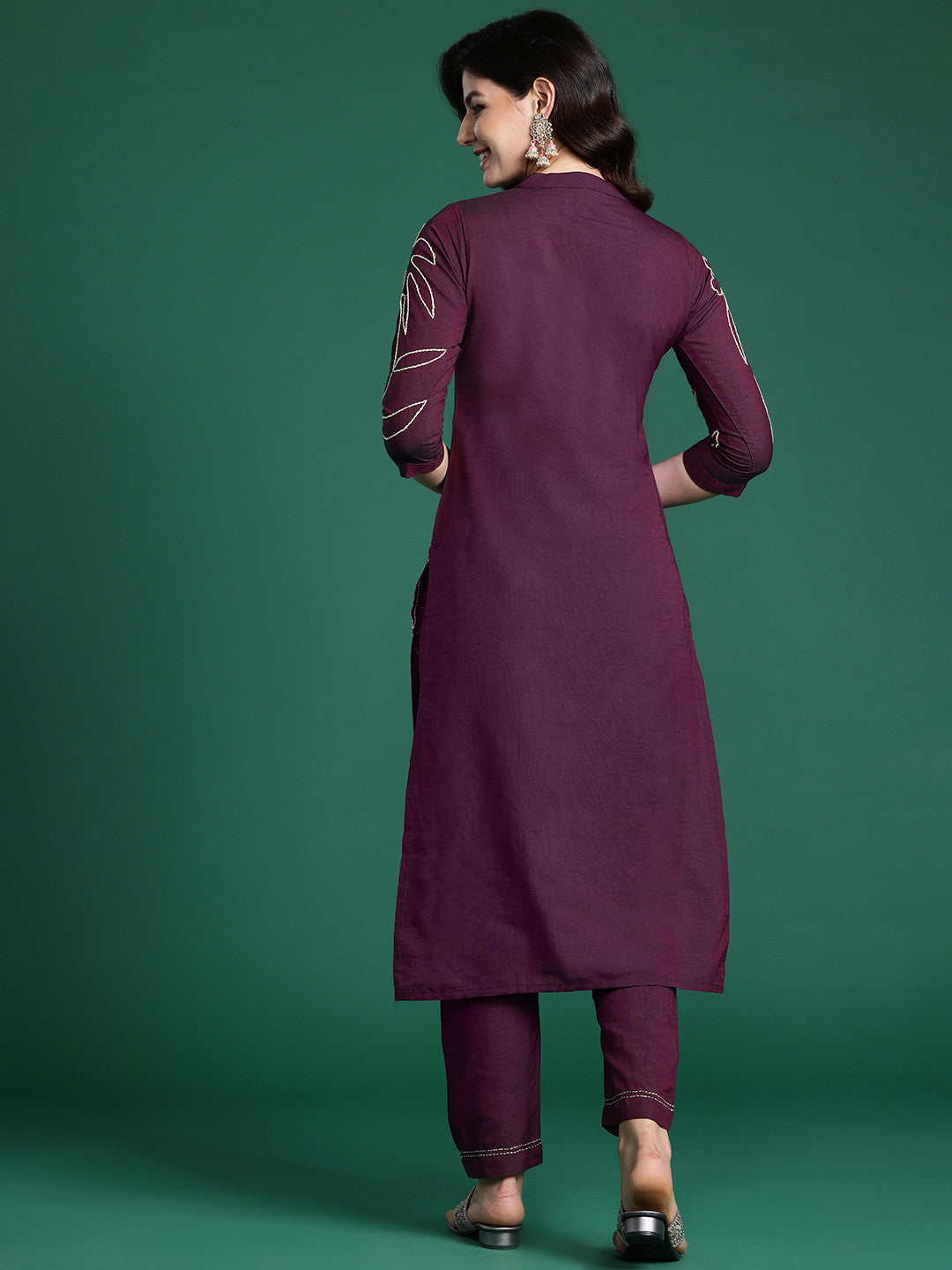 Floral Embroidered Thread Work Pure Cotton Kurta with Trousers