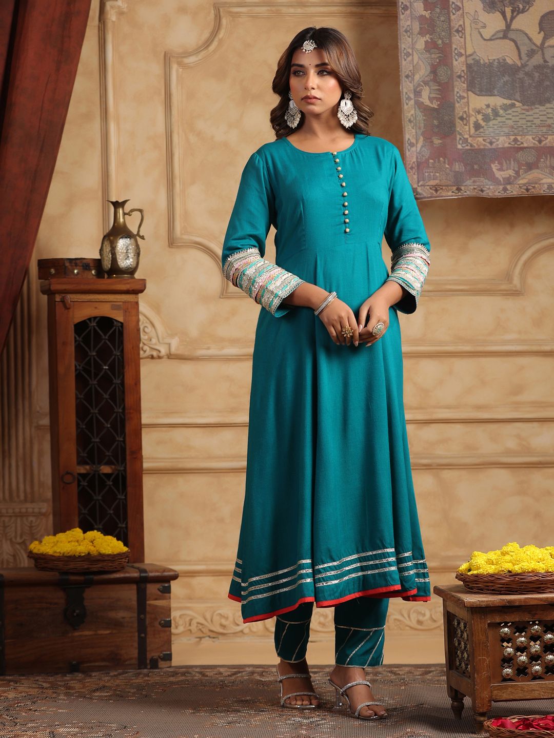 Dhiyona RR Women's Regular Gotta Patti Kurta with Trousers & Dupatta