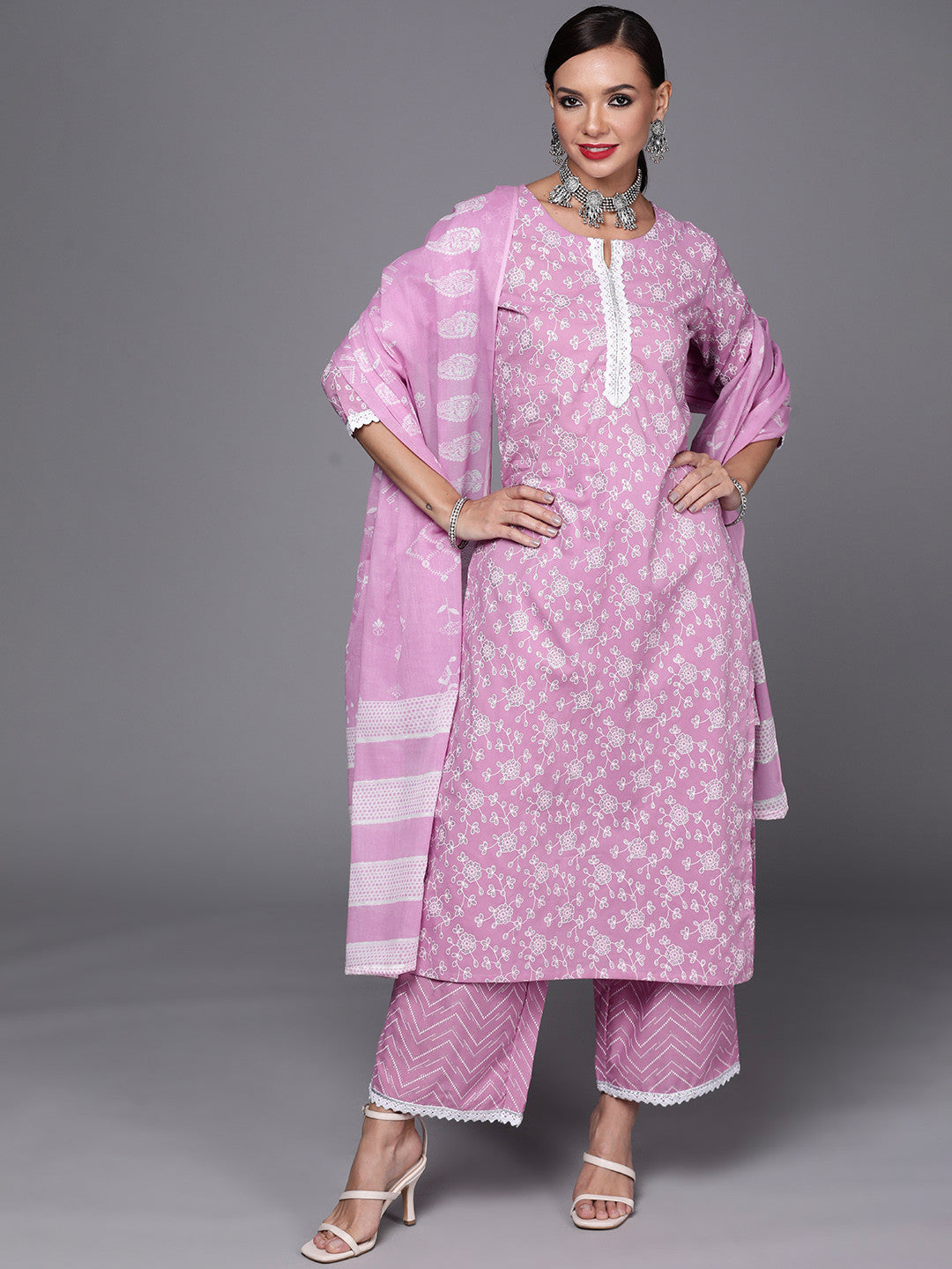 Women Lavender & White Floral Printed Gotta Patti Kurta with Palazzos & Dupatta