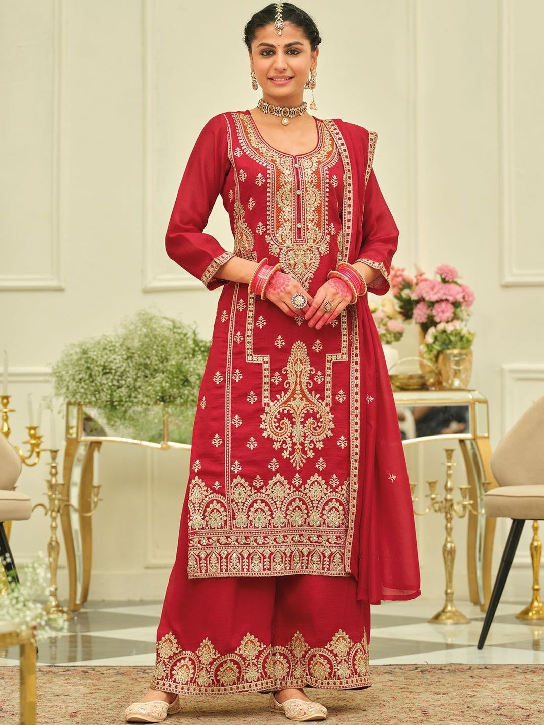 Dhiyona IE Women Ethnic Motifs Embroidered Regular Kurta with Palazzos & With Dupatta