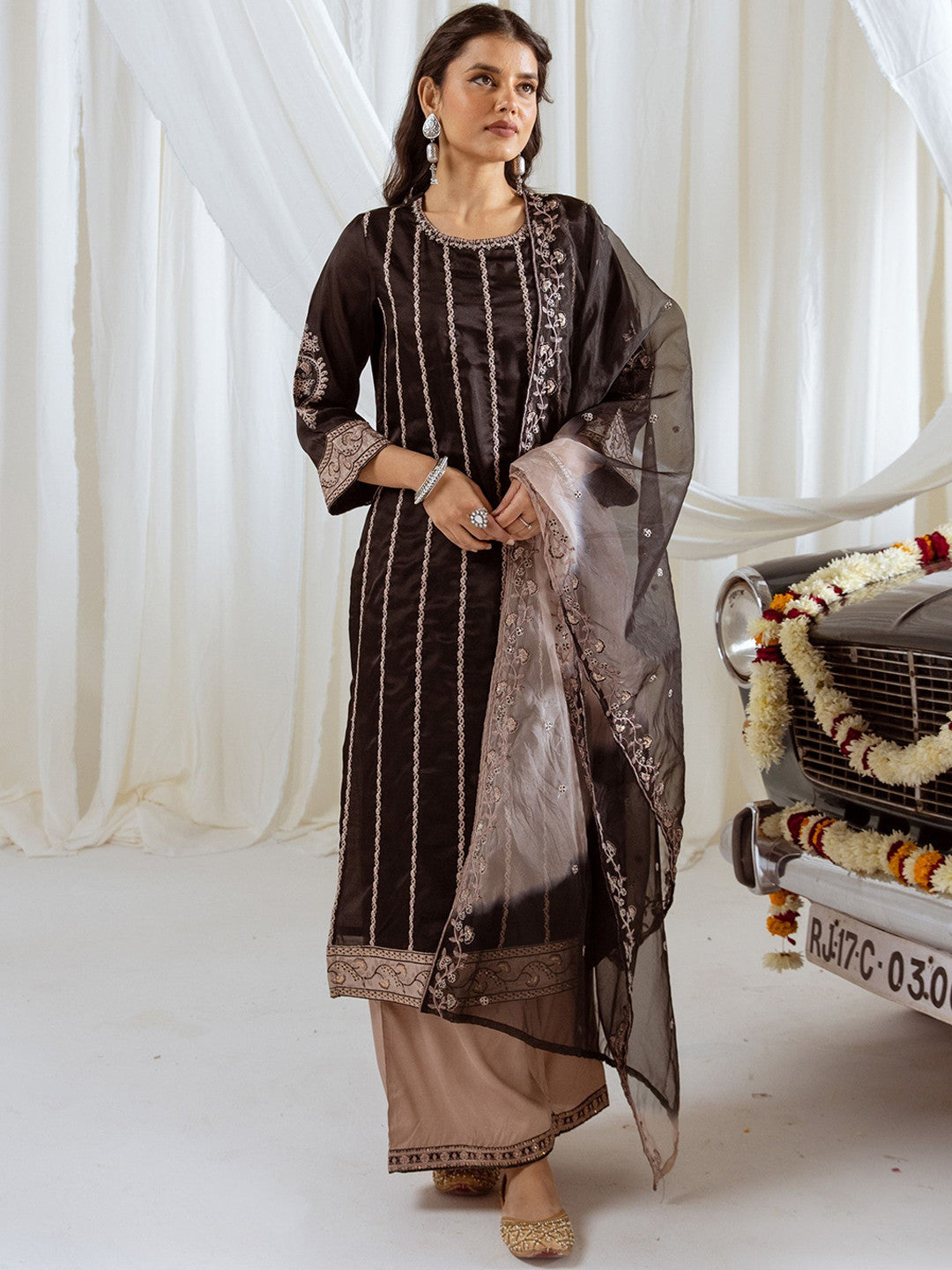Paisley Embroidered Round Neck Sequinned Straight Kurta With Trousers & Dupatta