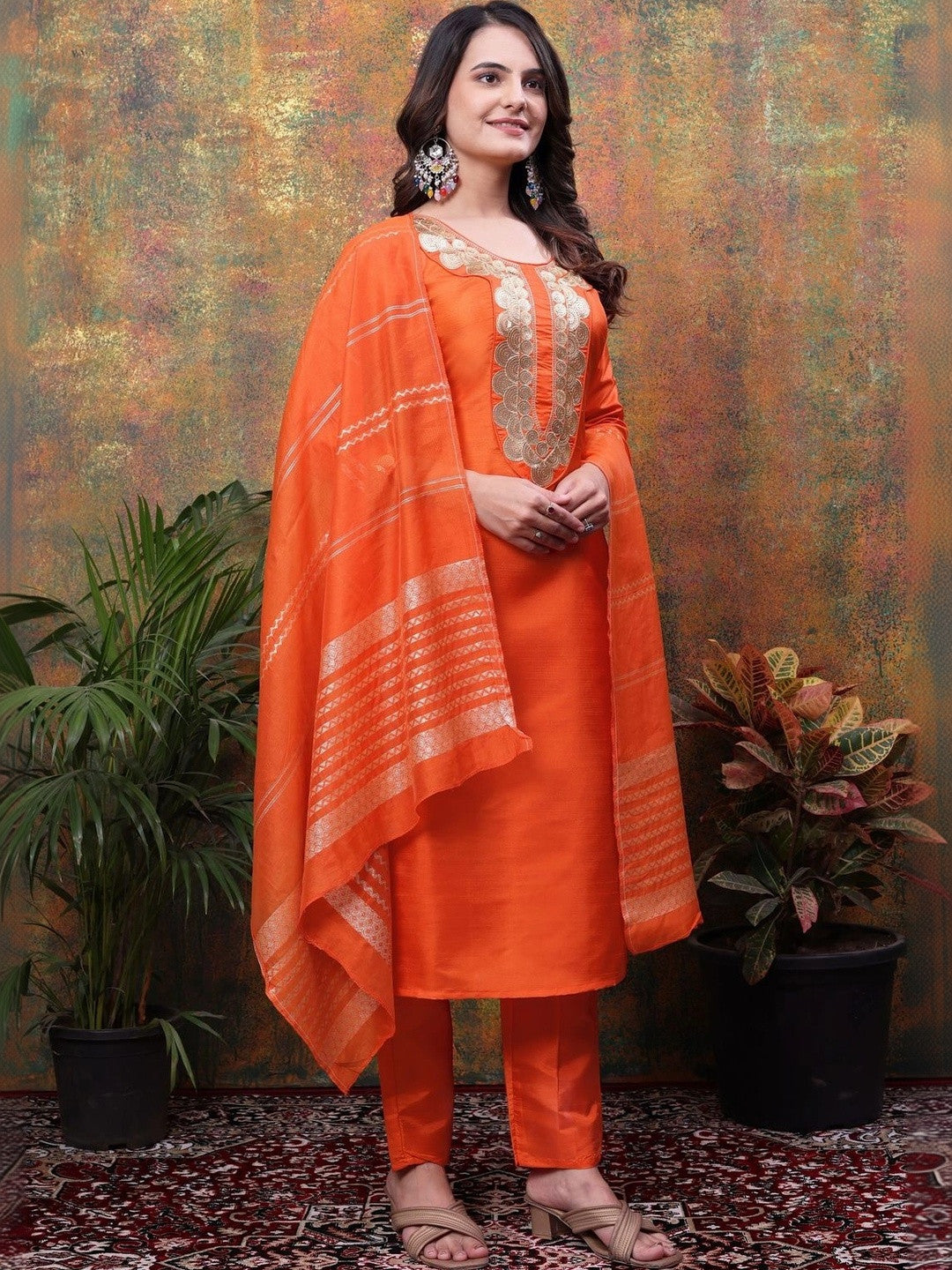 Women Embroidered Regular Sequinned Kurta with Trousers & With Dupatta