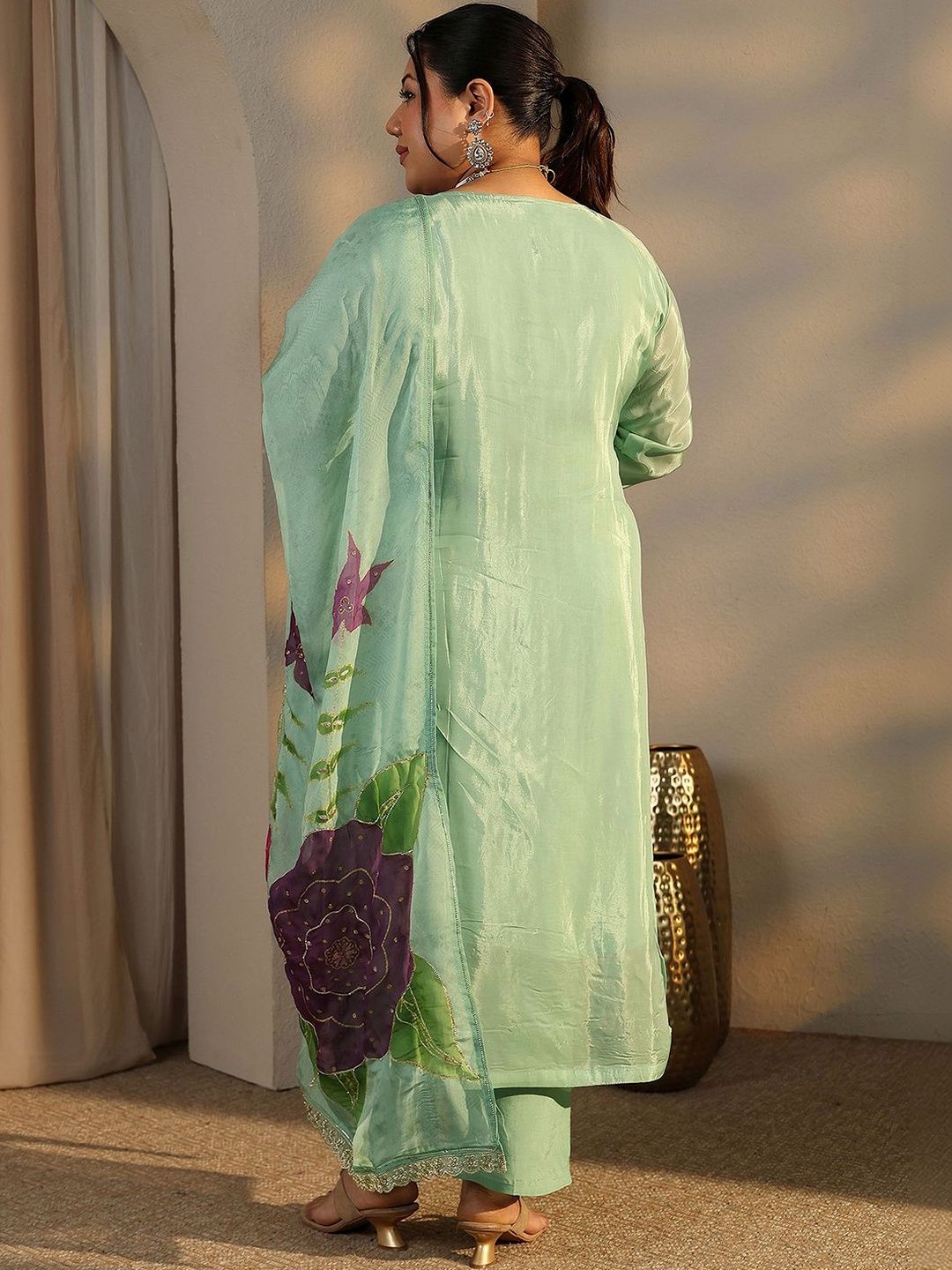 Dhiyona Women's Plus Size Floral Embroidered Kurta with Trousers & Dupatta