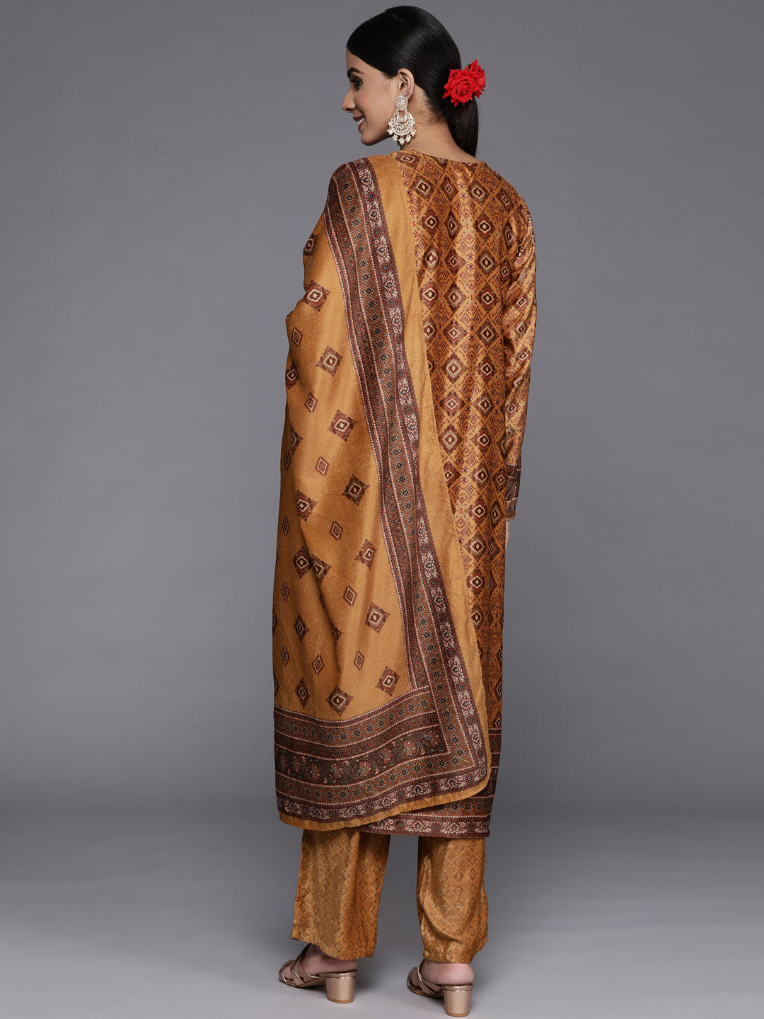 Women Mustard Yellow Ethnic Motifs Printed Velvet Kurta with Trousers & With Dupatta