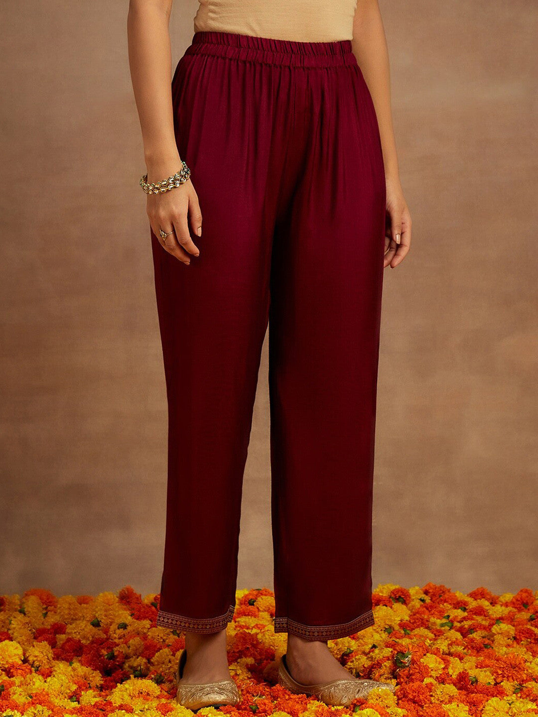 Burgundy Floral Woven Design Straight Kurta with Trousers & Dupatta
