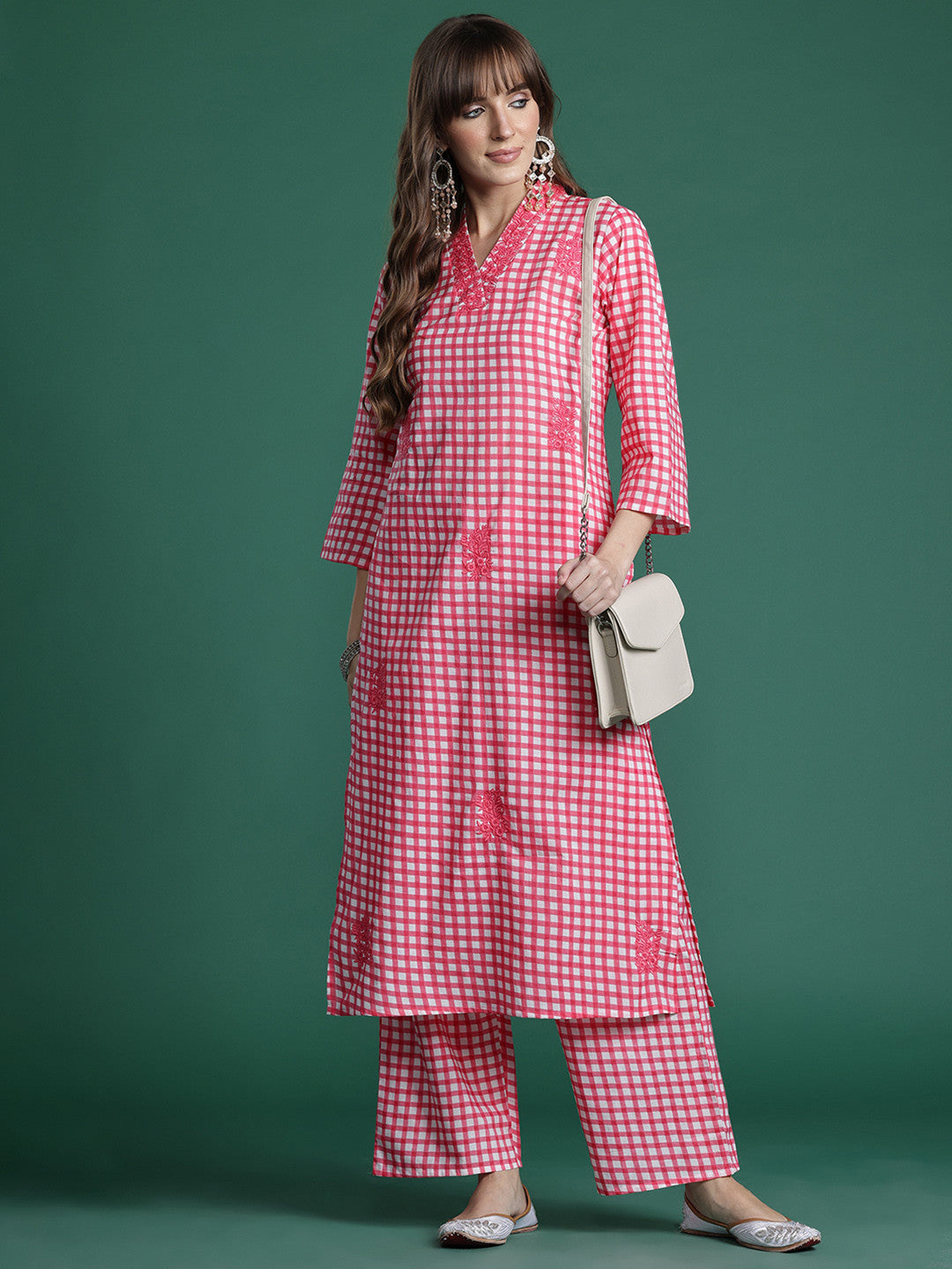 Checked Thread Work Pure Cotton Kurta with Trousers