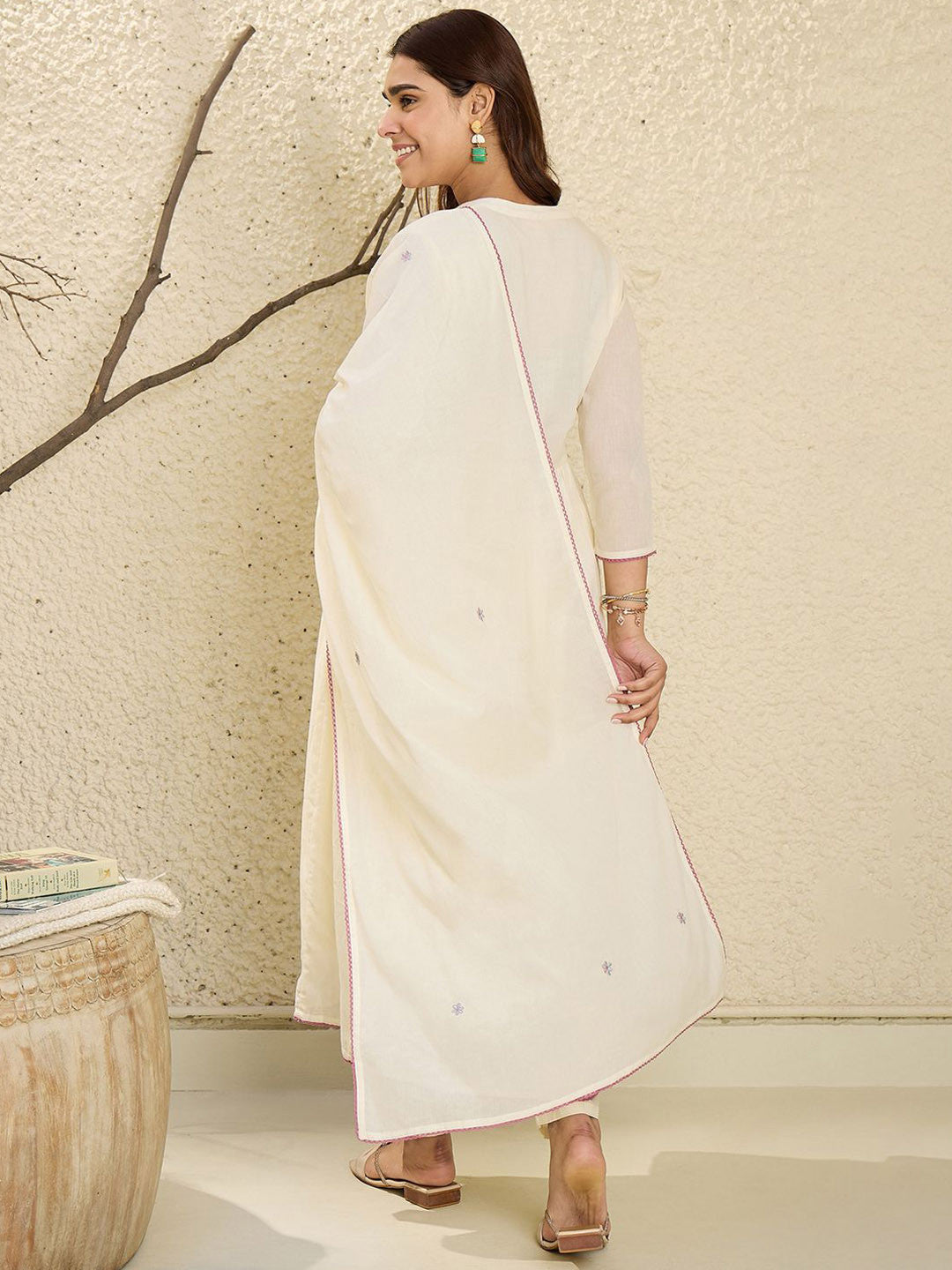 Embroidered Mandarin Collar Pure Cotton A-Line Kurta With Trouser & Dupatta