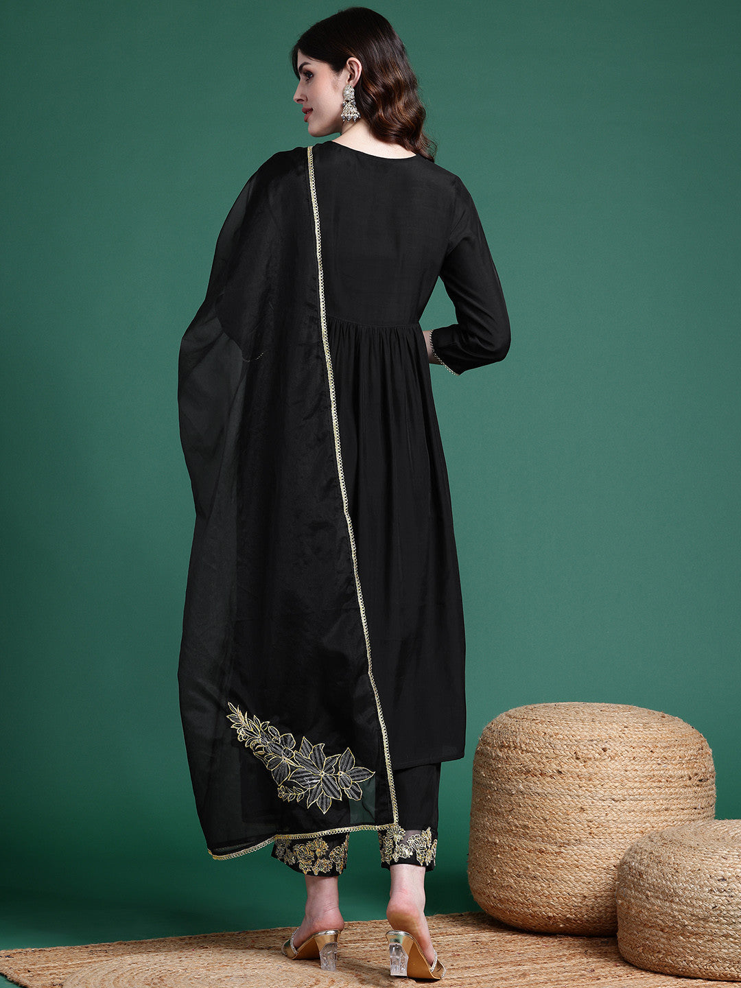 Empire Thread Work Kurta with Trousers & Dupatta