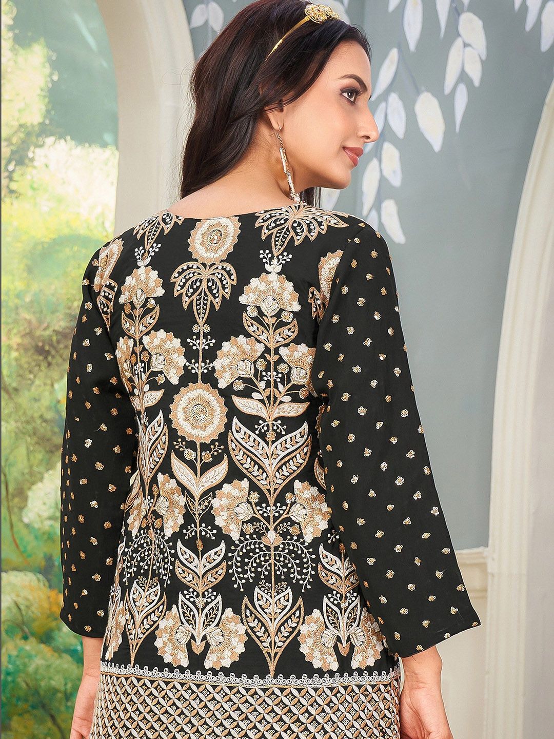 Dhiyona KL Alina Cut Floral Embroidered Sequinned Georgette Straight Kurta With Palazzos & Dupatta