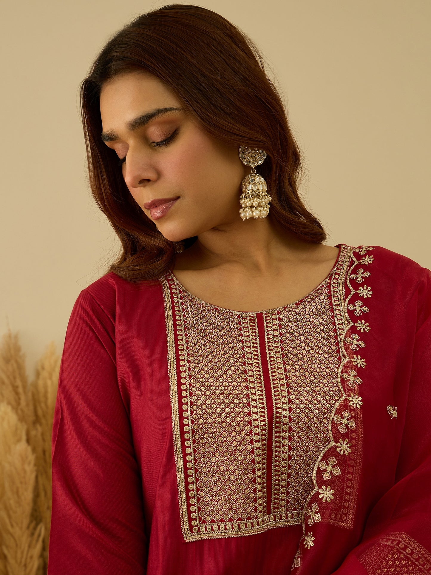Dhiyona VV VredeVogel Red Viscose Rayon Embroidered with Sequins Straight Kurta Set with Trousers & Dupatta