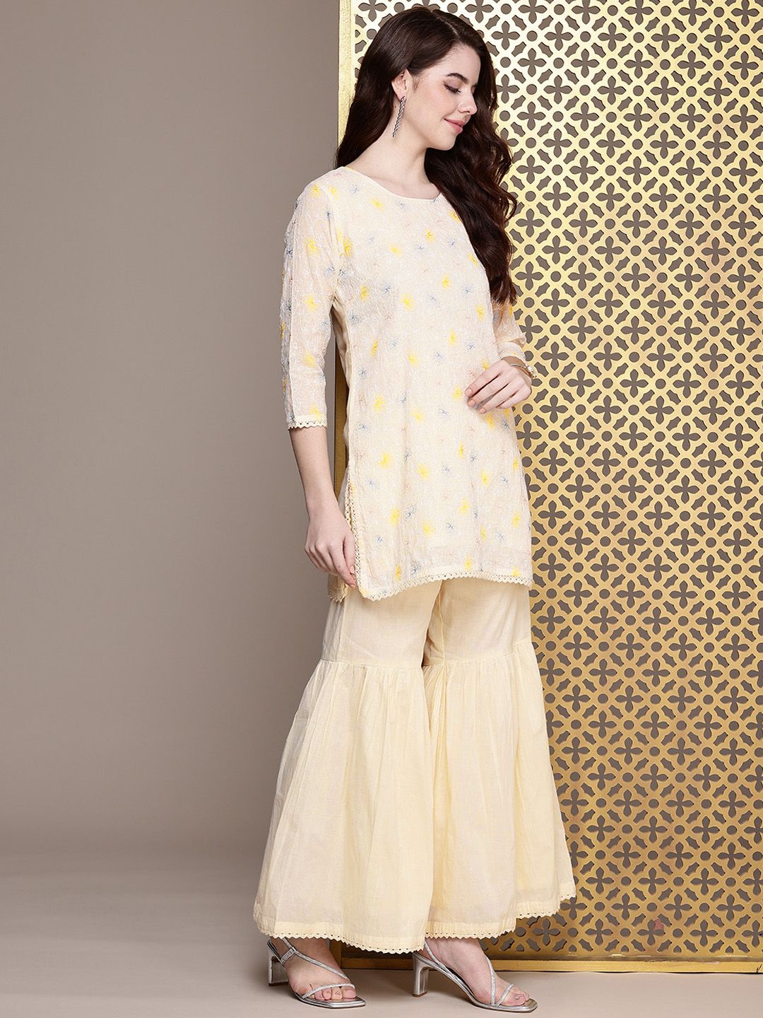 Dhiyona HOP Women Ethnic Motifs Embroidered Jashn Kurti with Sharara & Dupatta