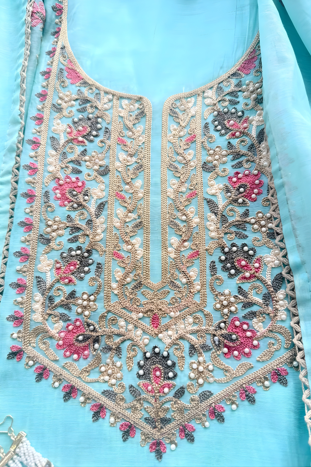 Dhiyona ST 3 Pc Unstitched Suit - Mul Light Blue Kashmiri Embroidery Kurta with Beads , Embroidered Dupatta and Bottom