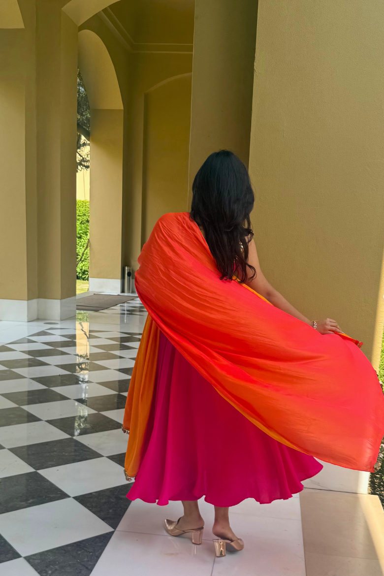Dhiyona ST 3 pc Suit Set - Fuchsia Dual Satin Sleeveless Anarkali Suit with Pink Orange Dupatta and Pants