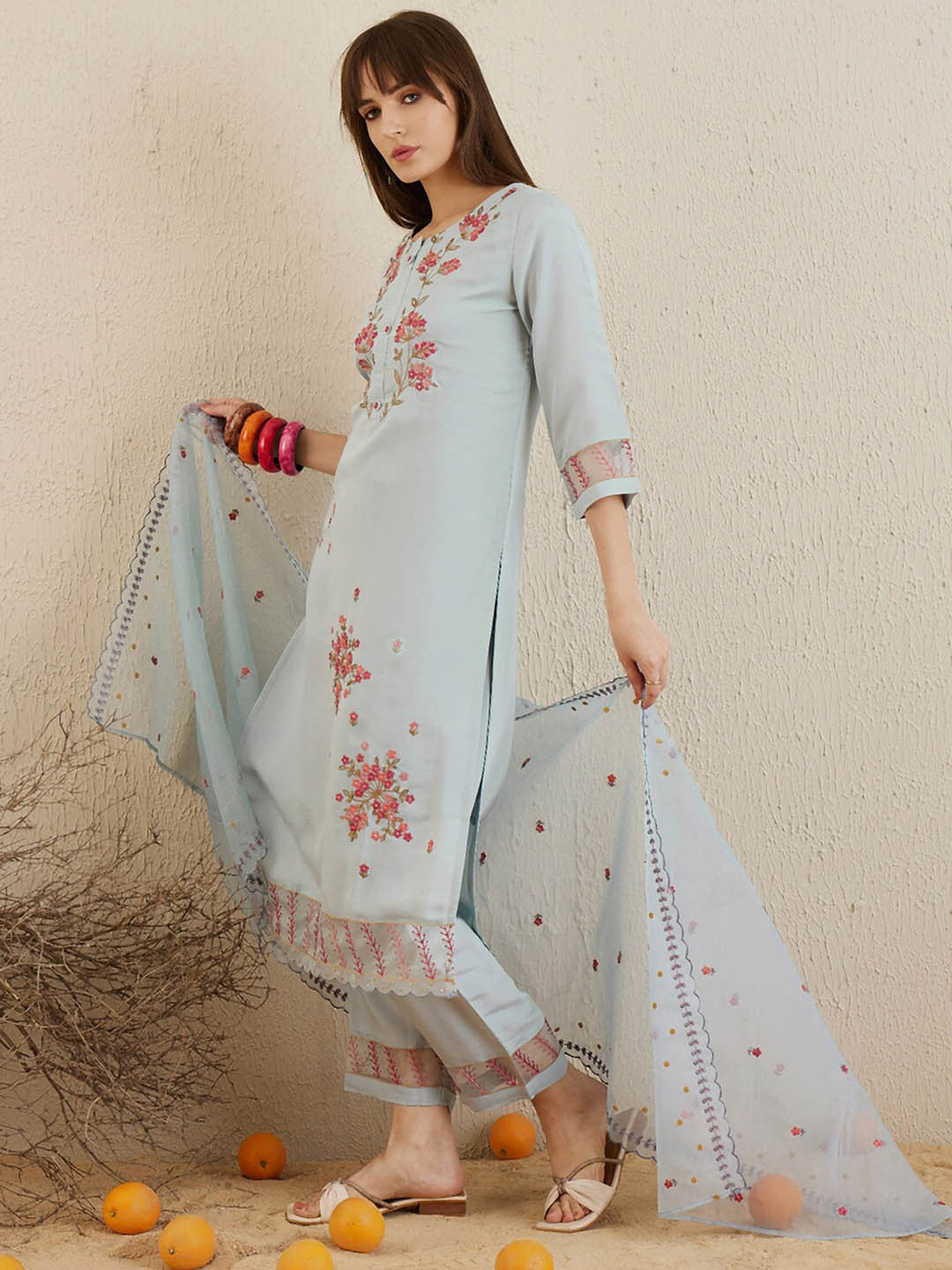 Round Neck Floral Embroidered Regular Thread Work Straight Kurta Set