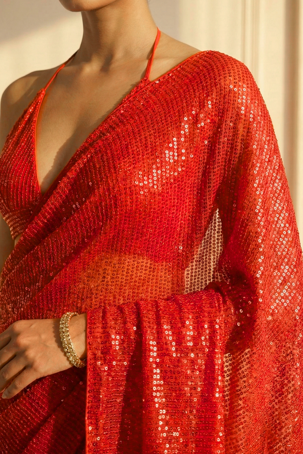 Dhiyona ST Scarlet Rouge Knitted Sequin Saree with Blouse Fabric