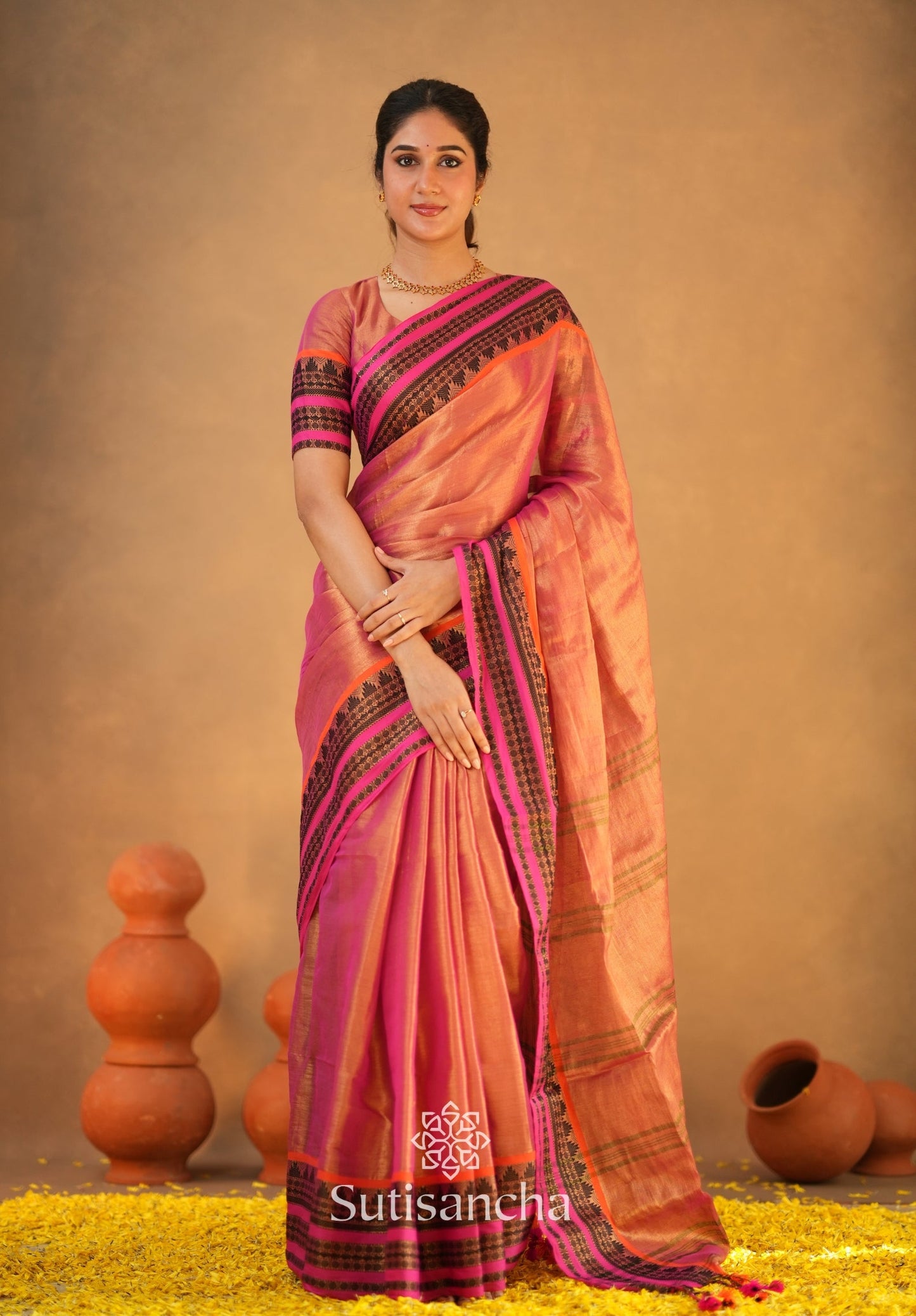 Dhiyona SS South Charm Tissue Cotton Saree with Traditional Border