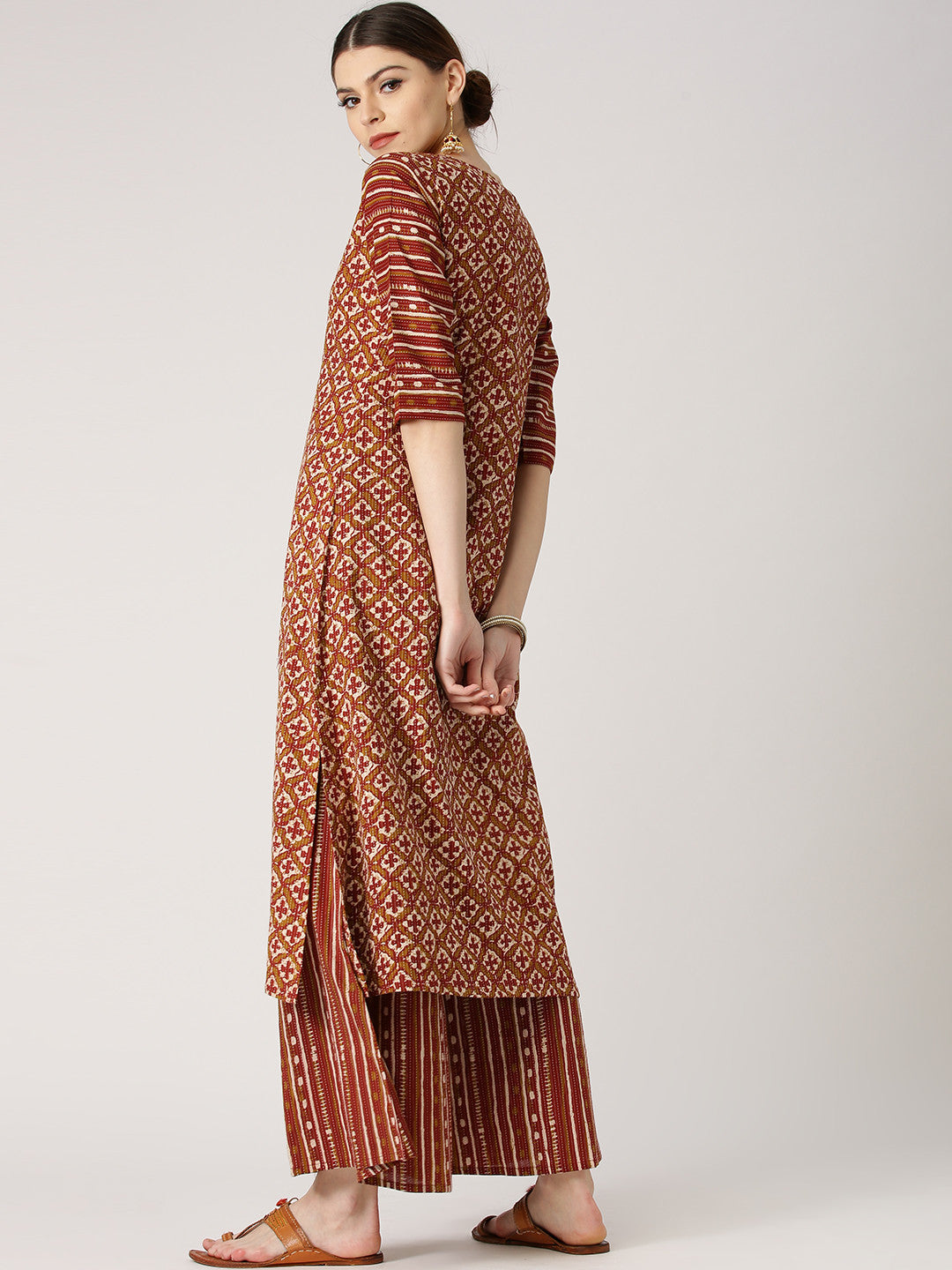 Women Maroon & Olive Green Printed A-Line Kurta with Palazzos