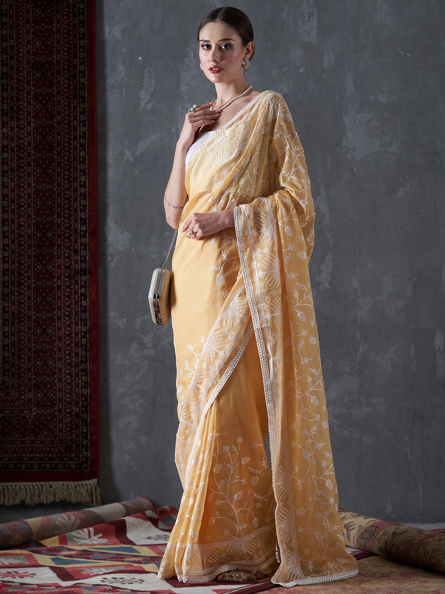Women's Organza Yellow Embellished Designer Saree With Blouse Piece