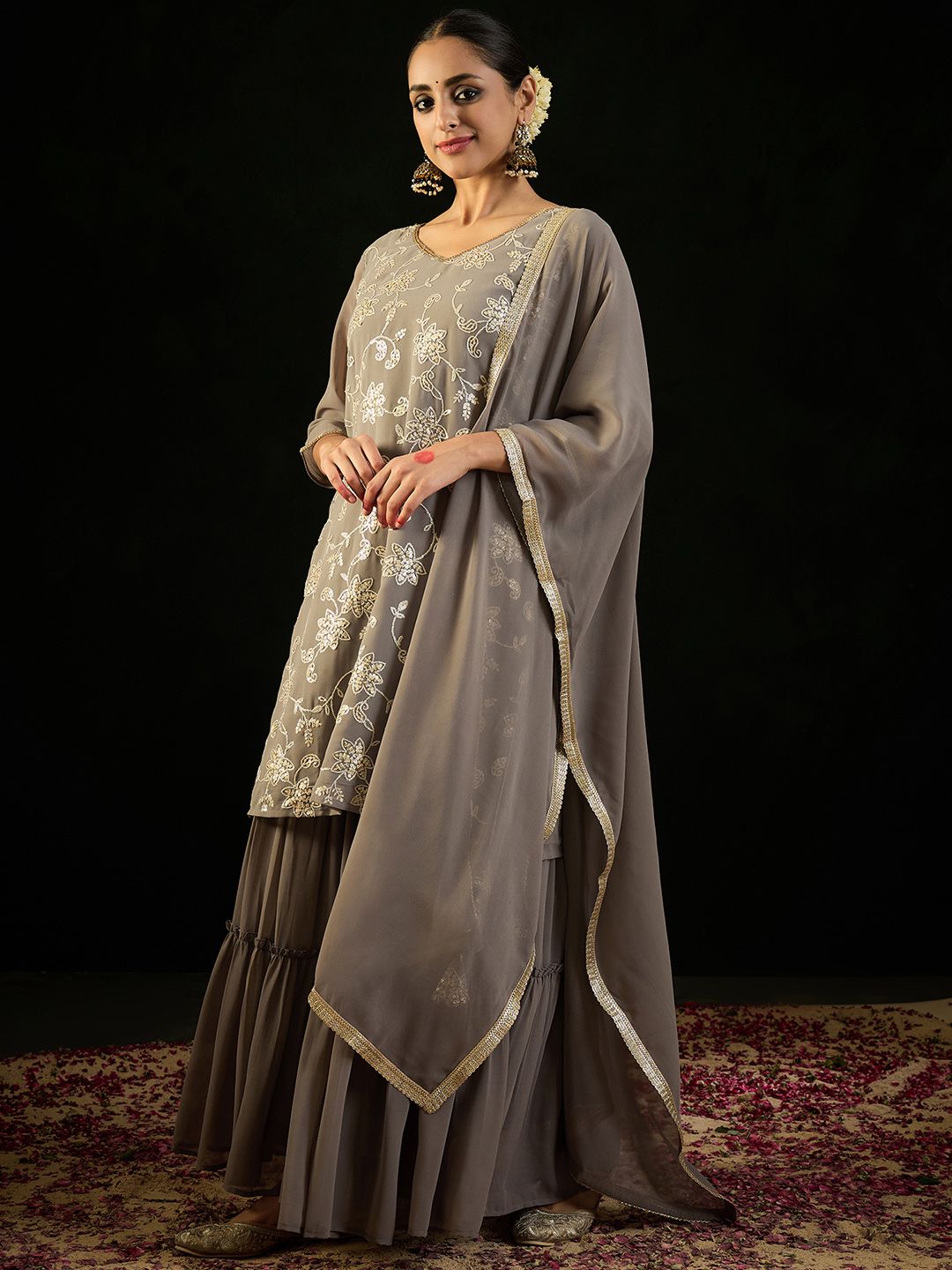 Dhiyona IE V Neck Floral Embroidered Thread Work Kurta with Sharara & Dupatta