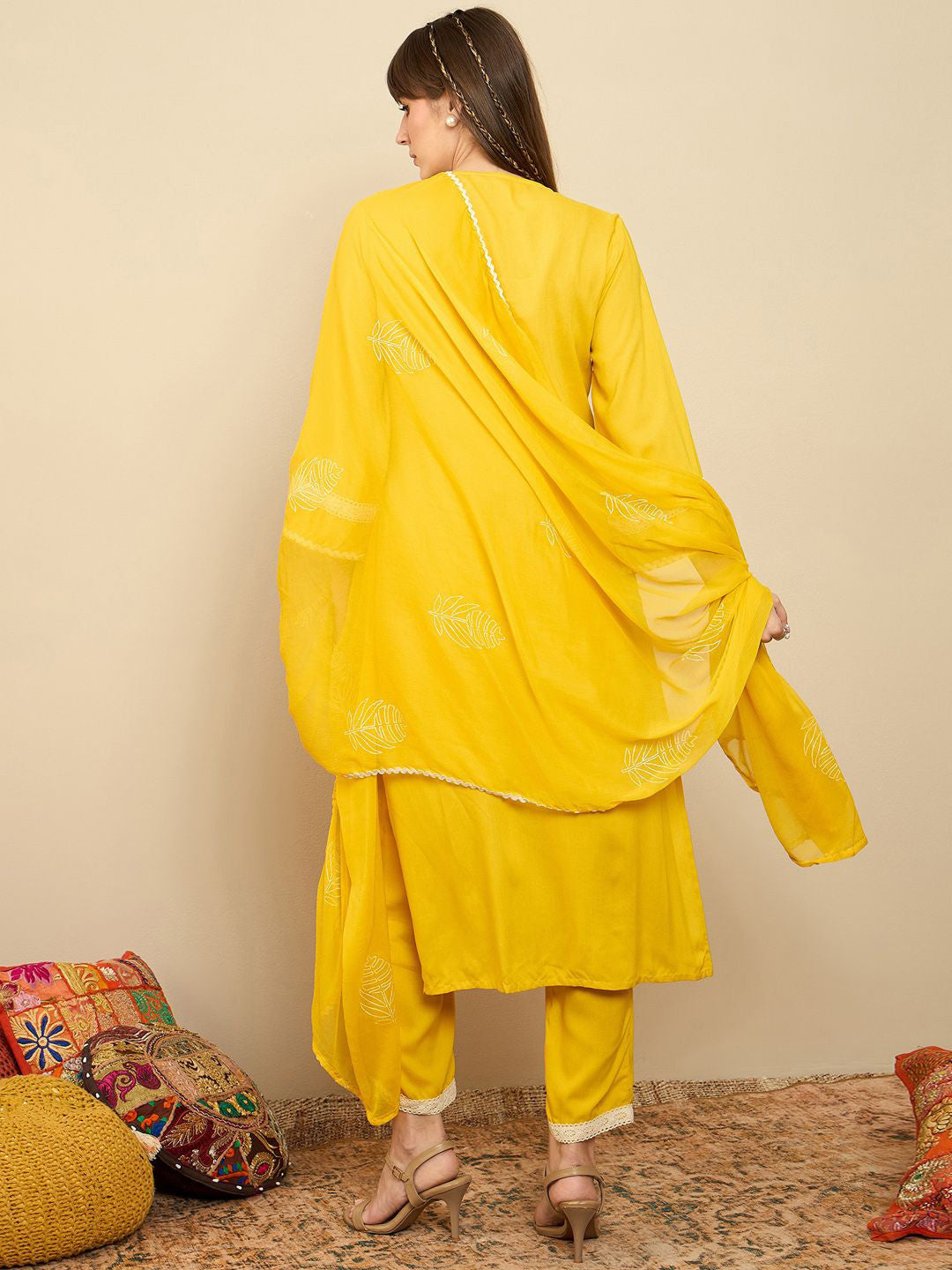 Straight Mirror Work Kurta with Trousers & Dupatta