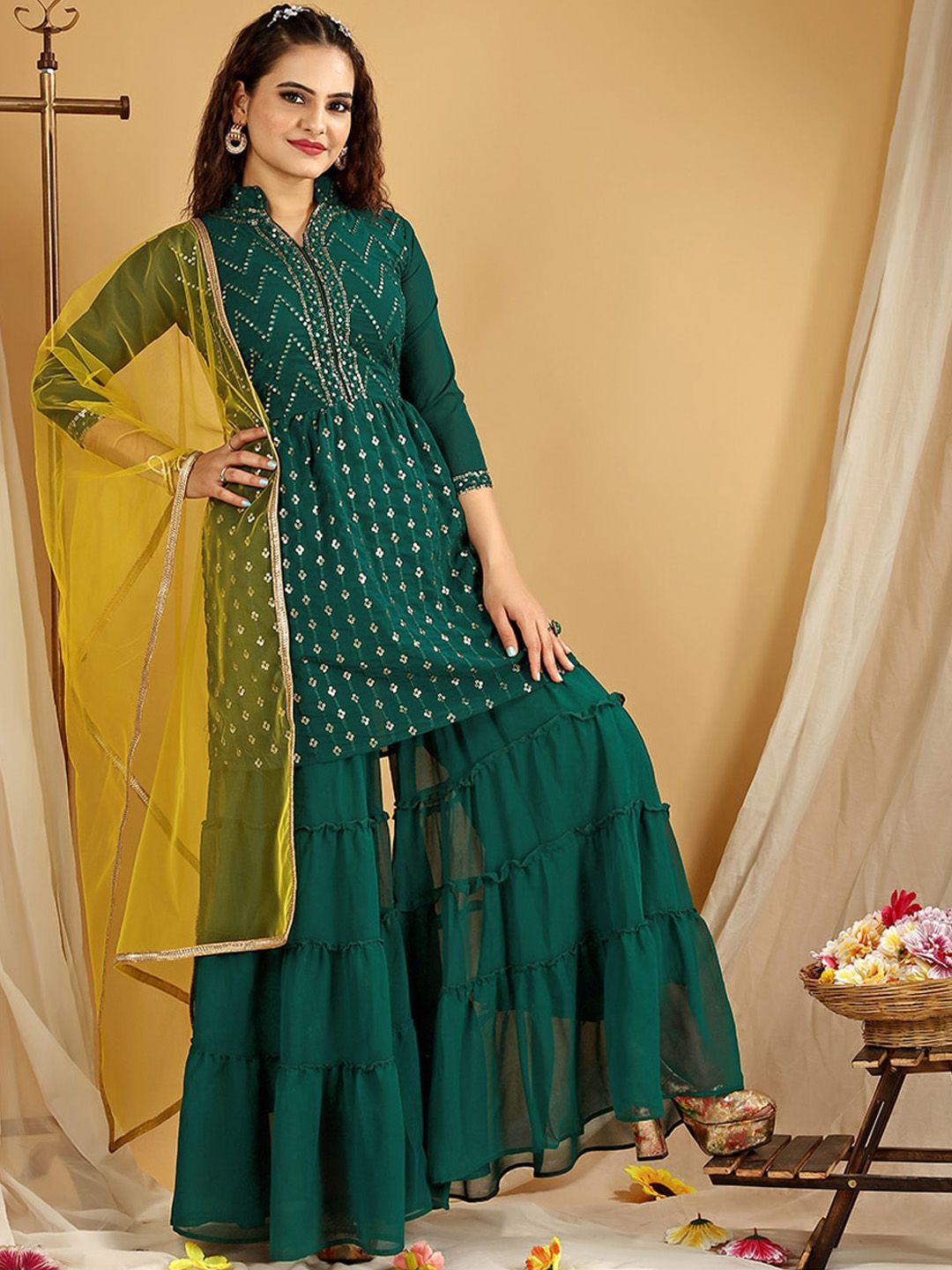 Dhiyona KL Floral Embroidered Regular Kurti with Sharara & Dupatta