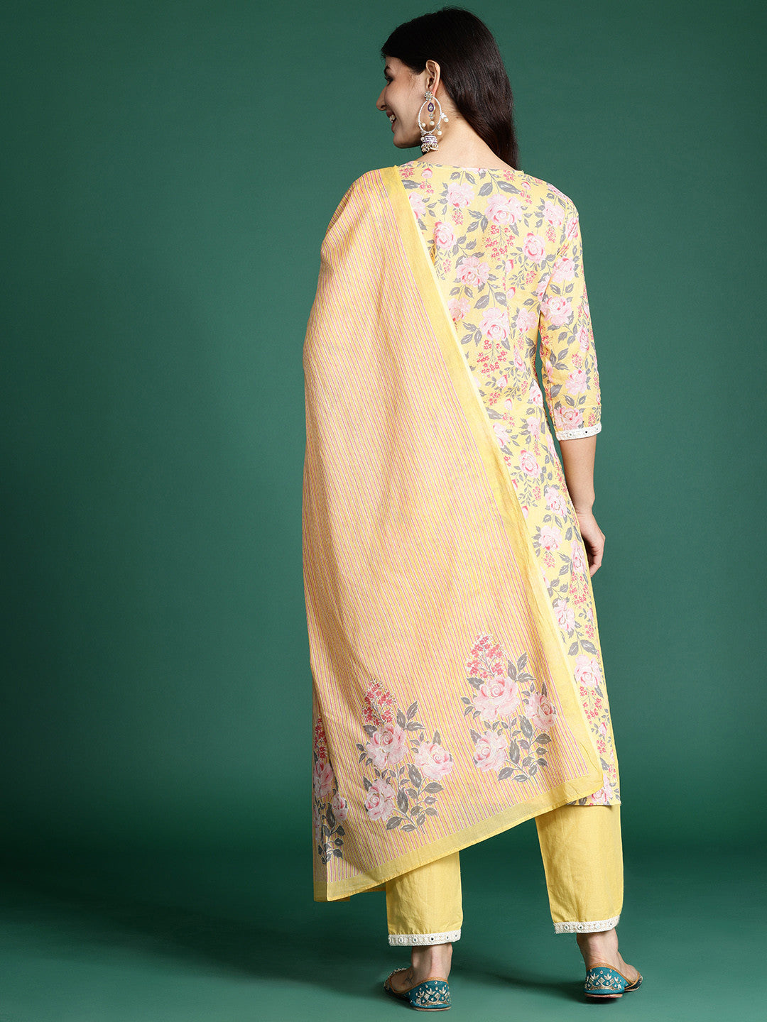 Floral Printed Thread Work Pure Cotton Kurta with Trousers & Dupatta