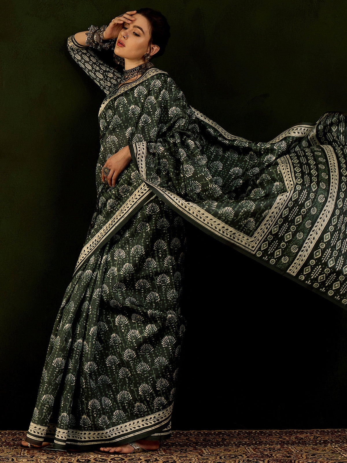 Women's Bhagalpuri Silk Dark Green Printed Designer Saree With Blouse Piece