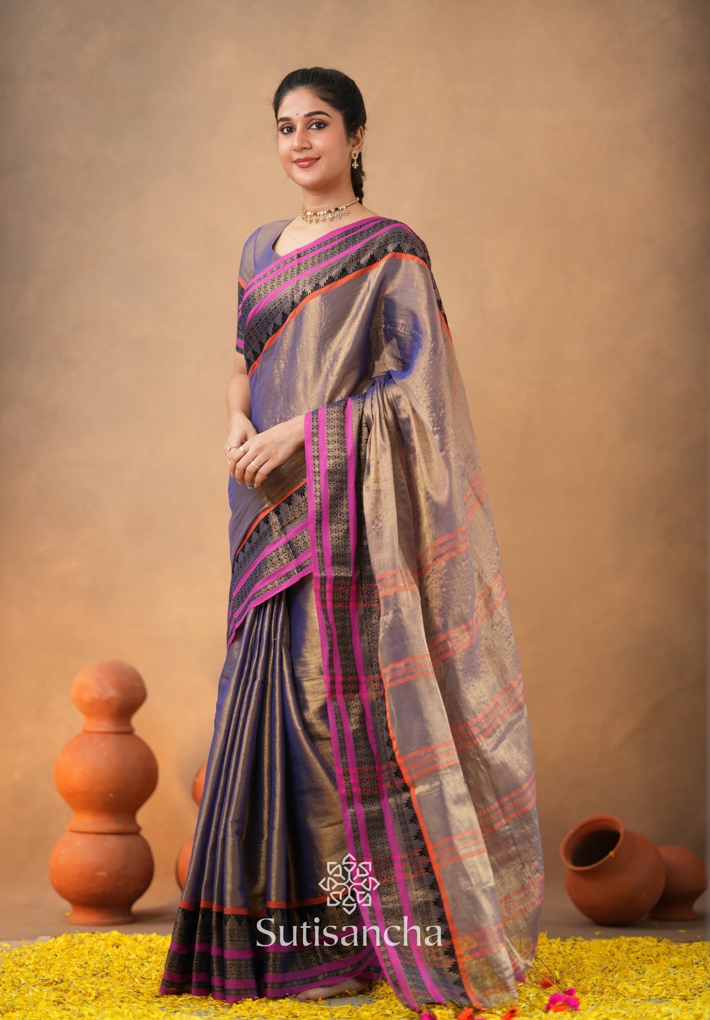Dhiyona SS South Charm Tissue Cotton Saree with Traditional Border