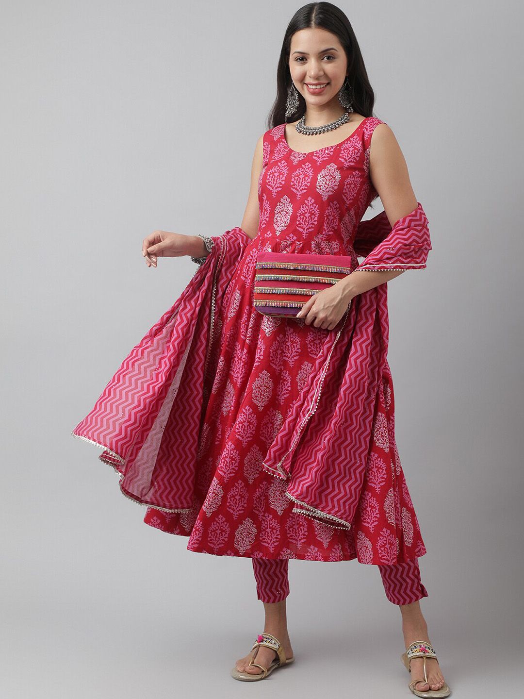 Dhiyona KL Ethnic Motifs Printed Sequinned Cotton Anarkali Kurta & Trousers With Dupatta