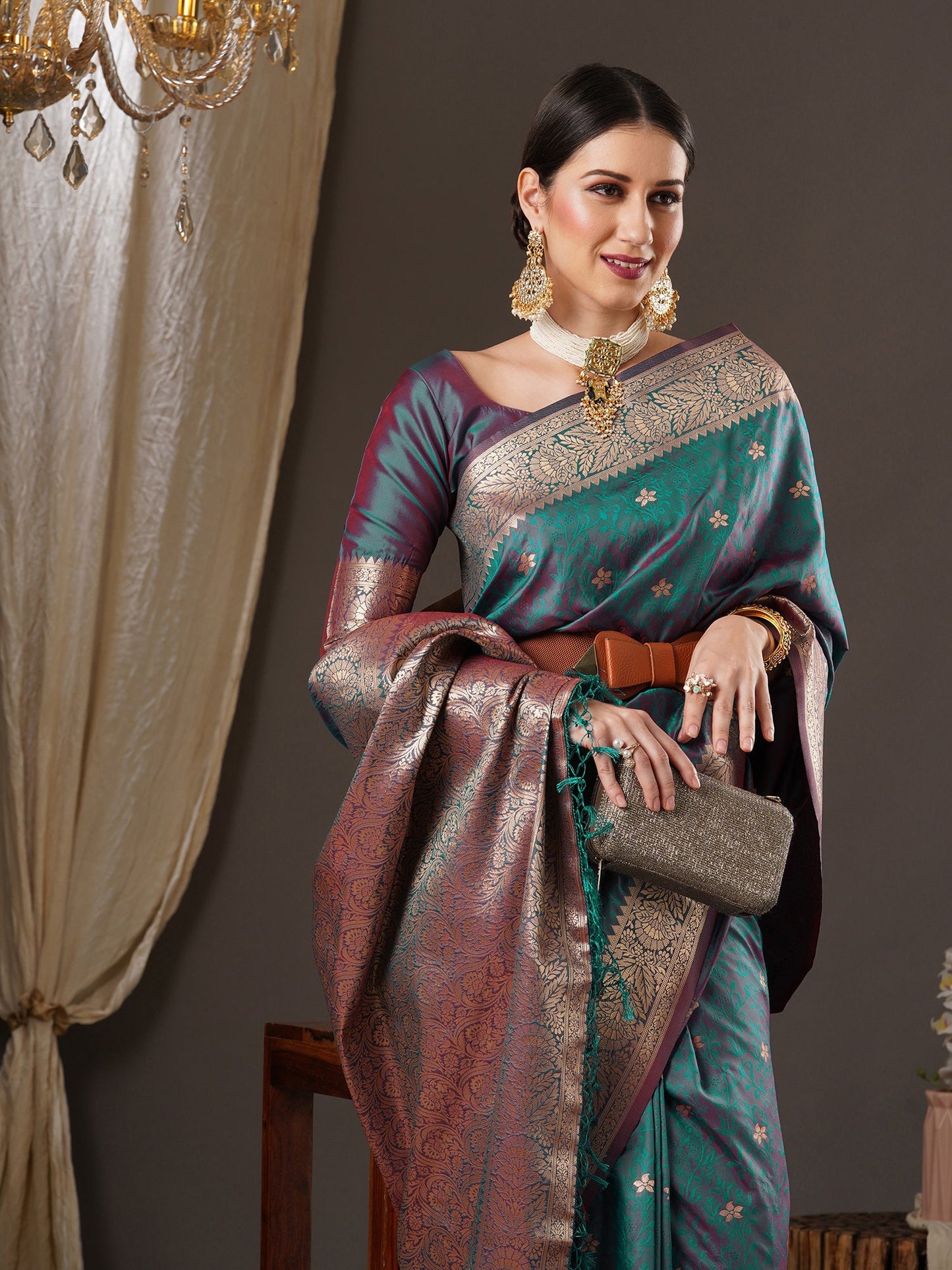 Women's Silk Blend Teal blue Woven Design Designer Saree With Blouse Piece