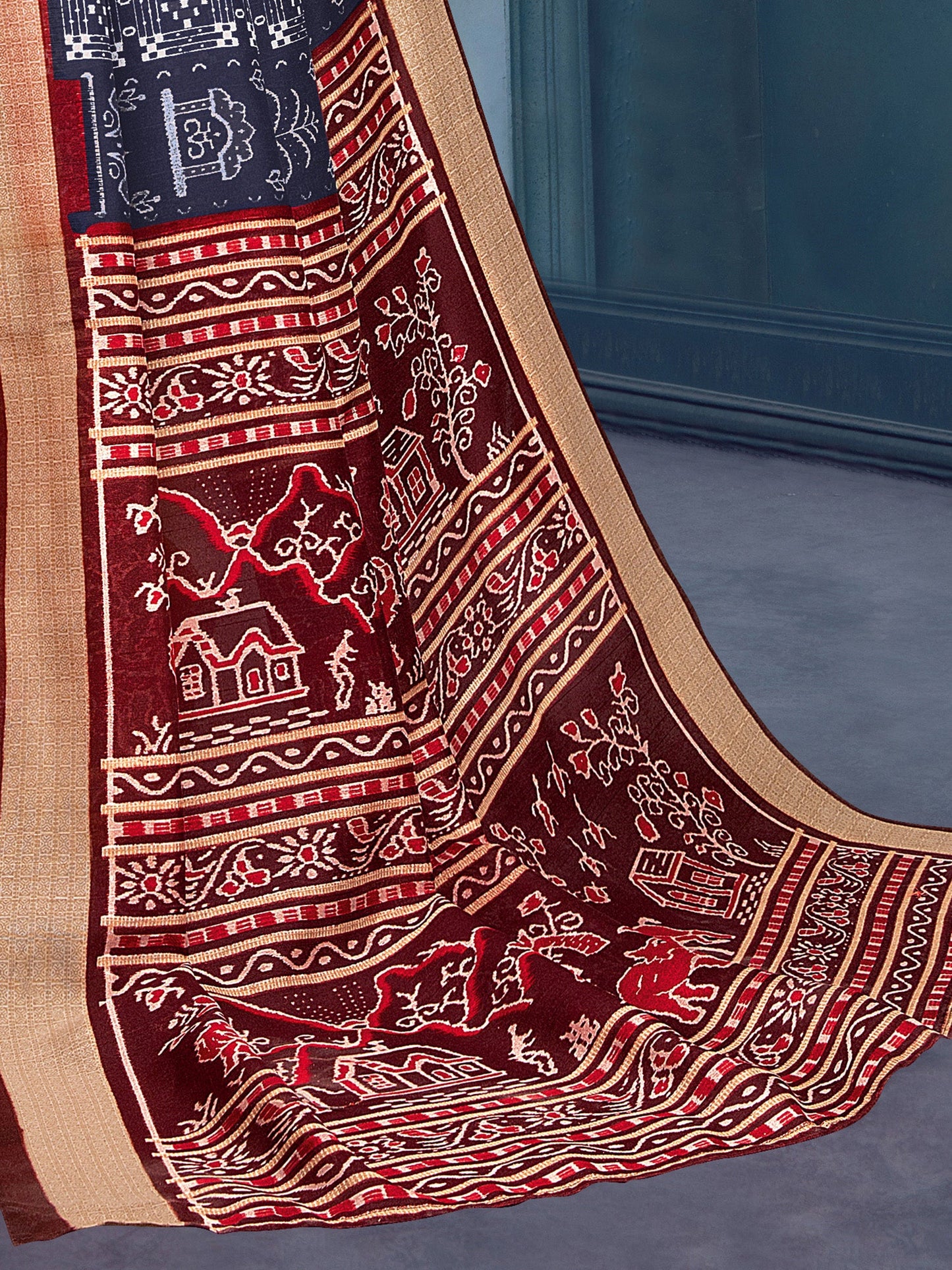 Women's Bhagalpuri Silk Navy Blue Printed Designer Saree With Blouse Piece