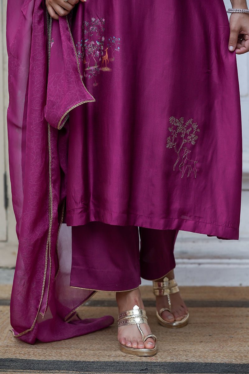 Women's Wine Raw Silk Salwar Suit With Organza Dupatta