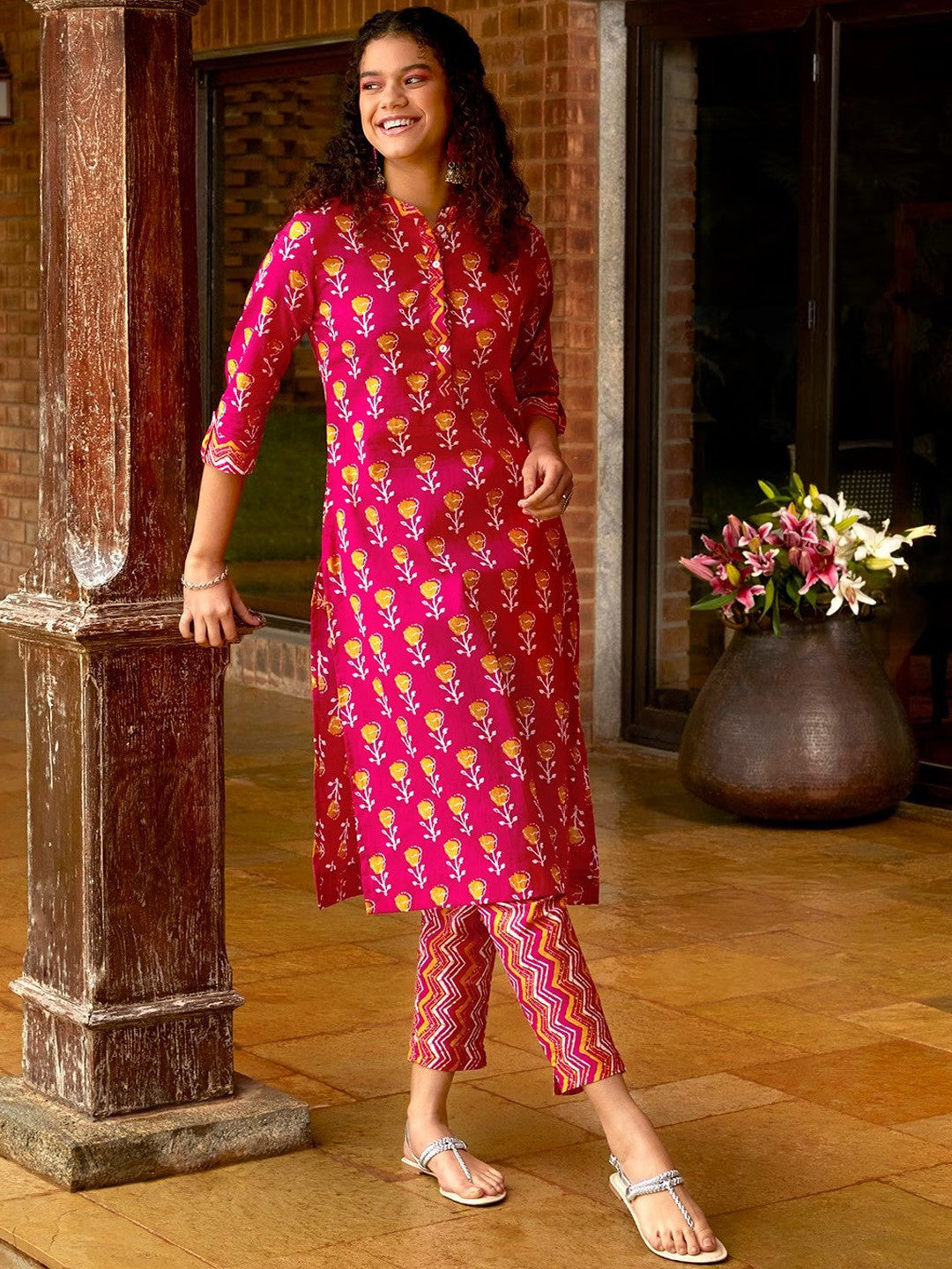 Floral Printed Band Collar Pure Cotton Kurta With Trouser