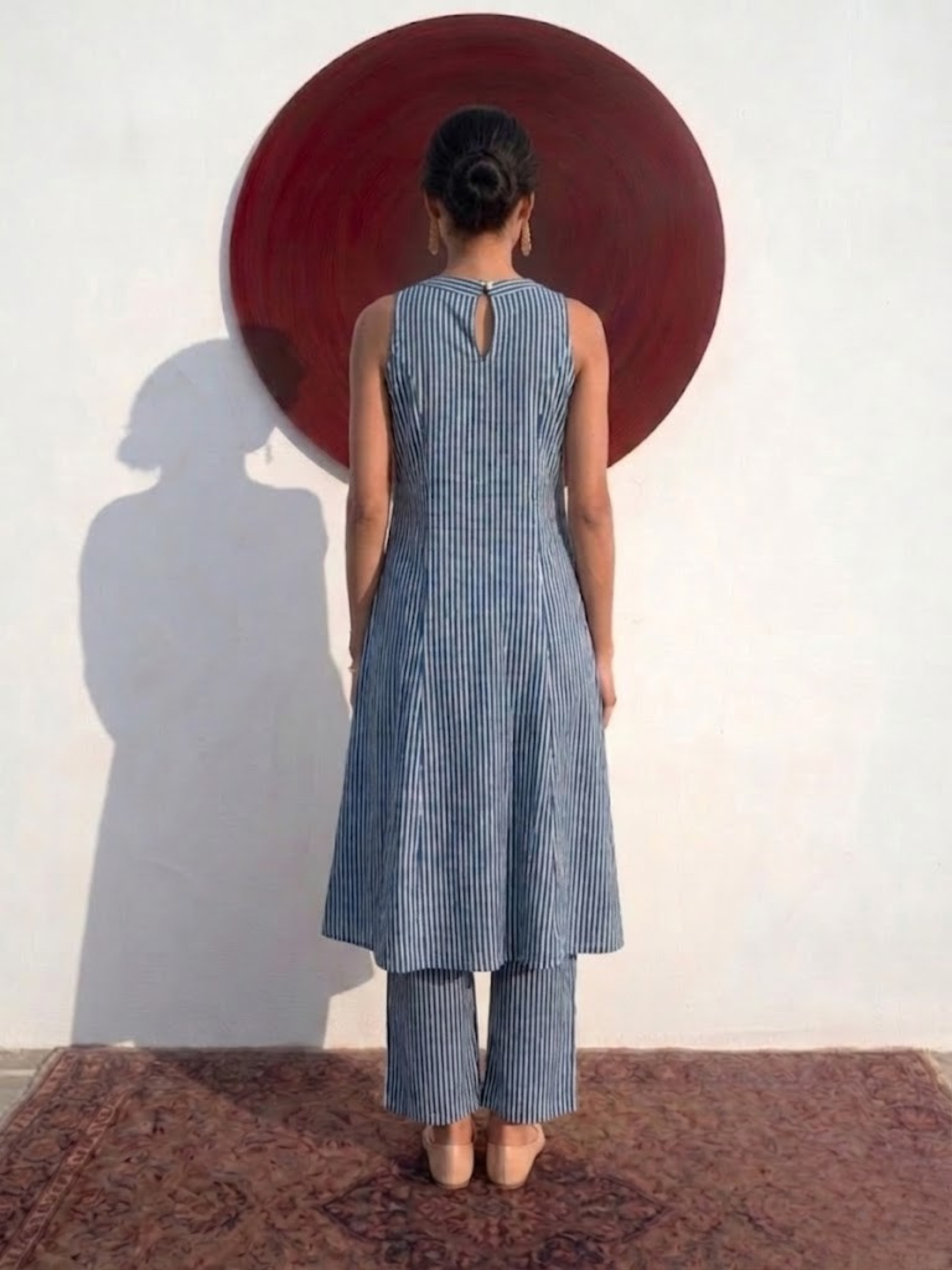 Dhiyona ST 2 pc SET - Blue and White Stripe Printed Cotton Cambric Sleeveless Kurta and Pant